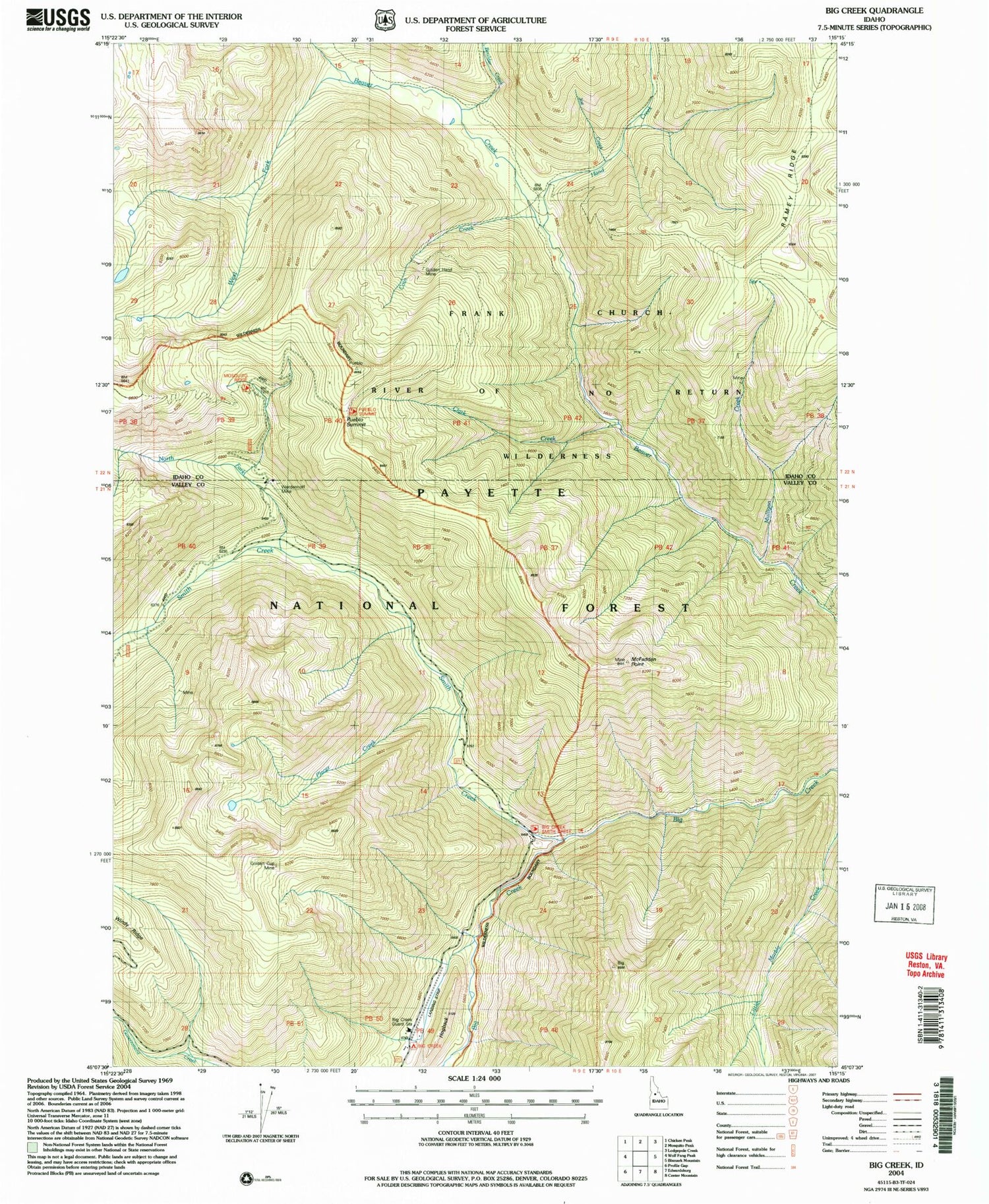 Classic USGS Big Creek Idaho 7.5'x7.5' Topo Map Image