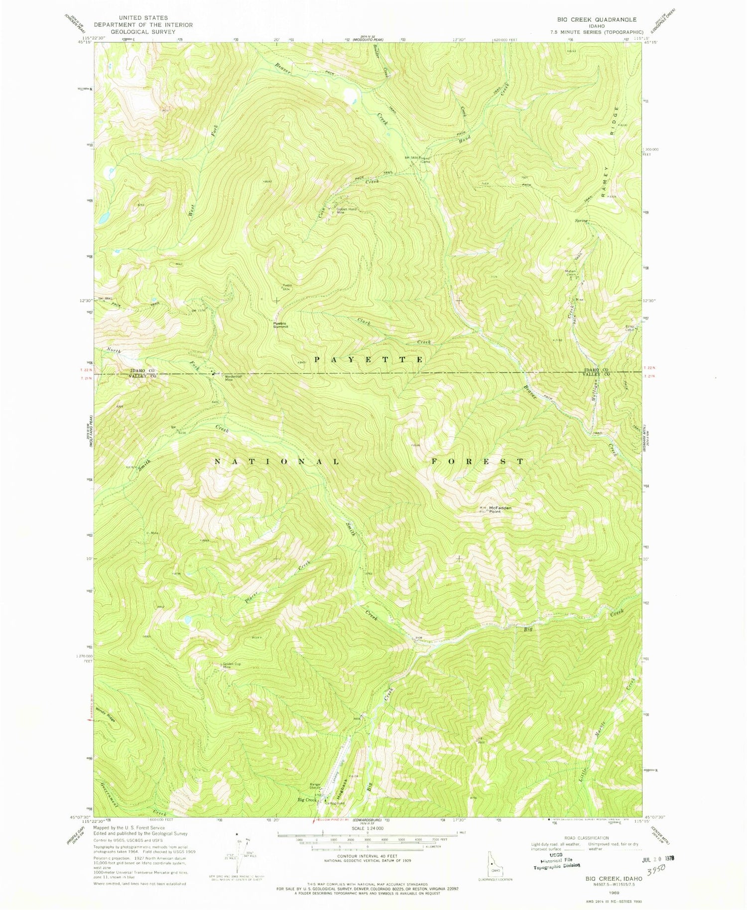 Classic USGS Big Creek Idaho 7.5'x7.5' Topo Map Image