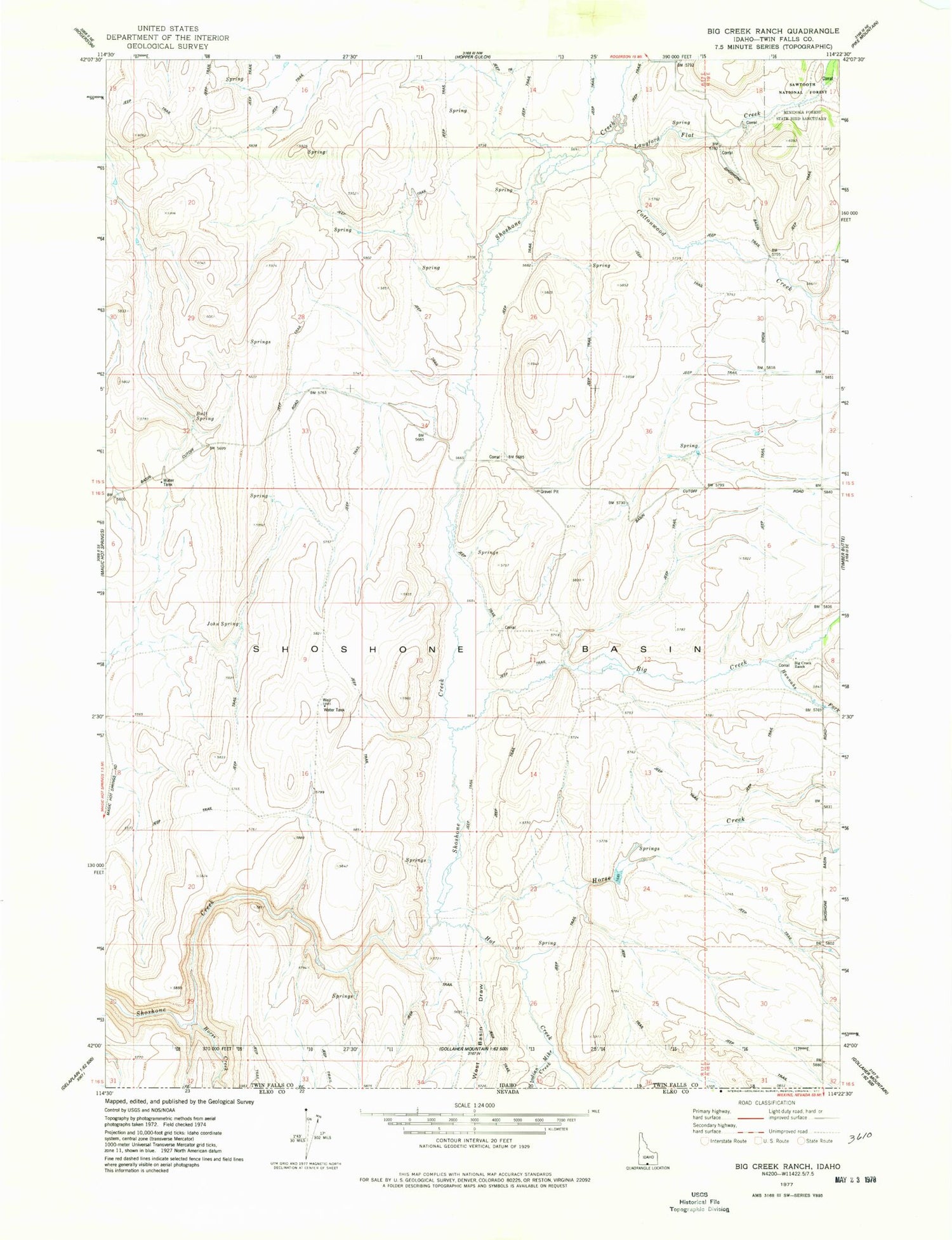 Classic USGS Big Creek Ranch Idaho 7.5'x7.5' Topo Map Image