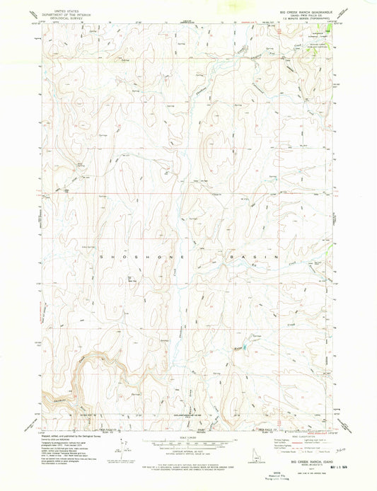 Classic USGS Big Creek Ranch Idaho 7.5'x7.5' Topo Map Image
