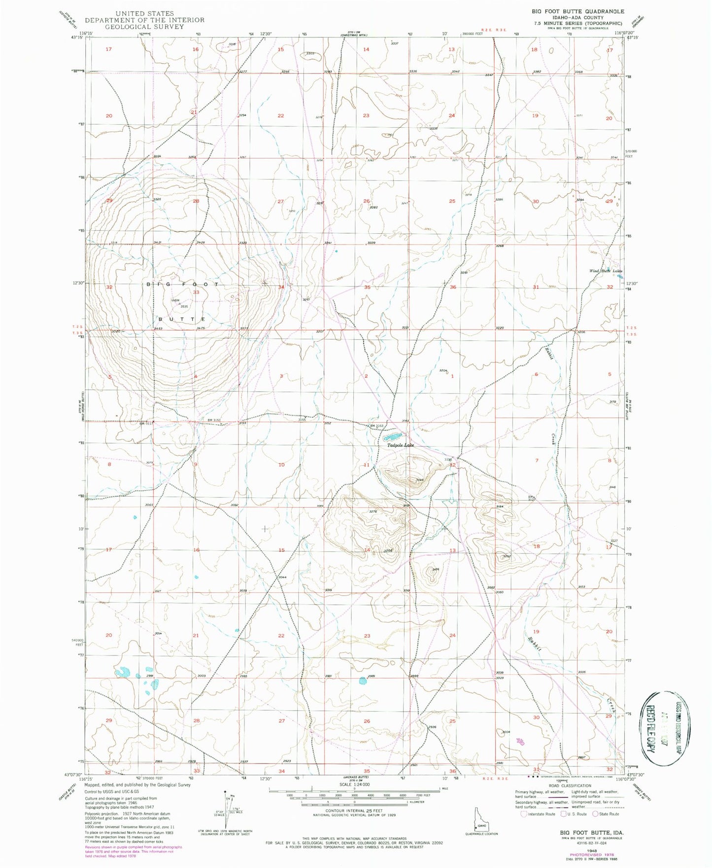 Classic USGS Big Foot Butte Idaho 7.5'x7.5' Topo Map Image