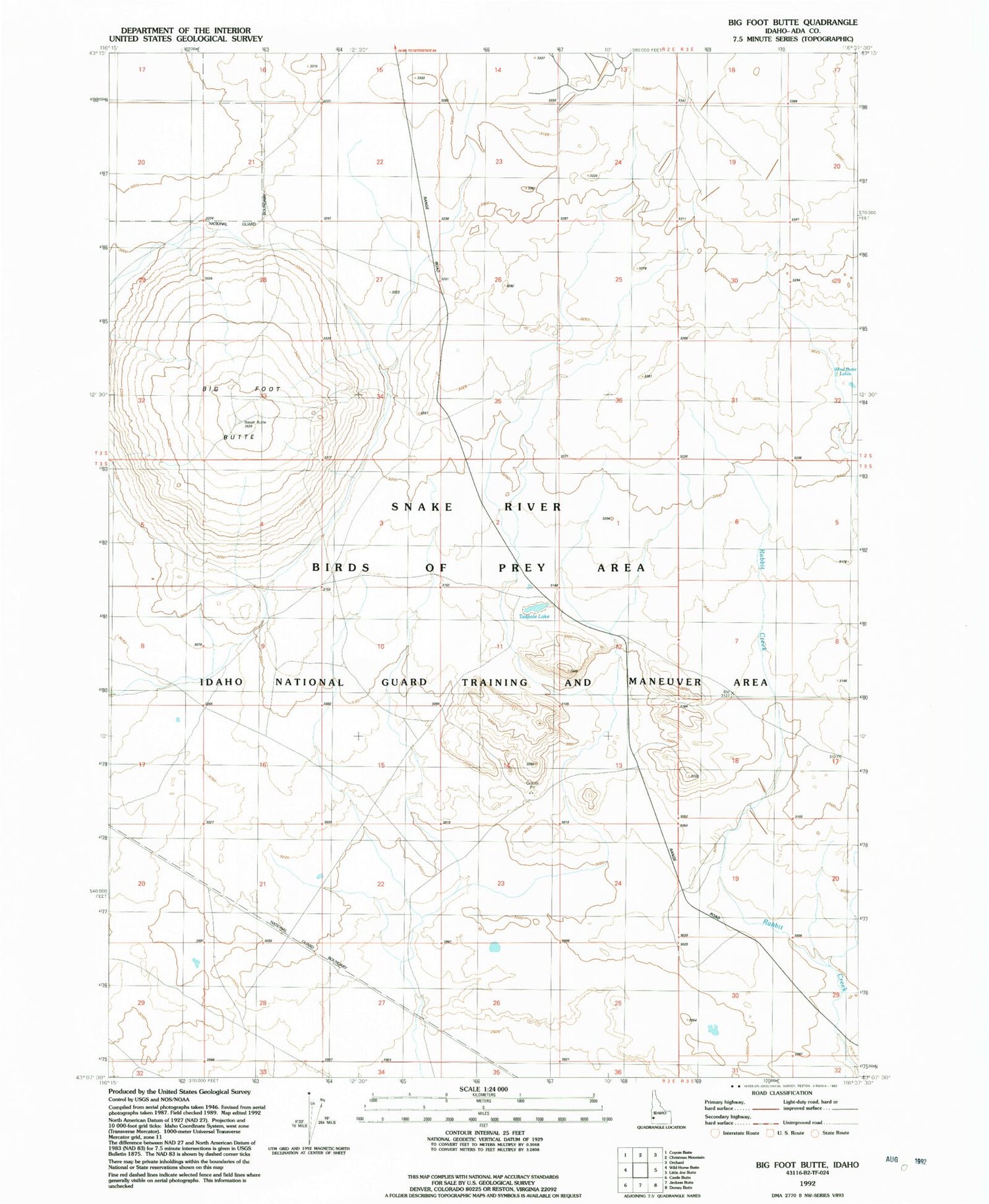 Classic USGS Big Foot Butte Idaho 7.5'x7.5' Topo Map Image