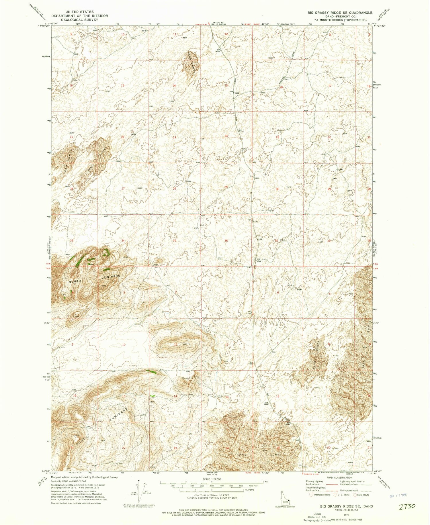 Classic USGS Big Grassy Ridge SE Idaho 7.5'x7.5' Topo Map Image