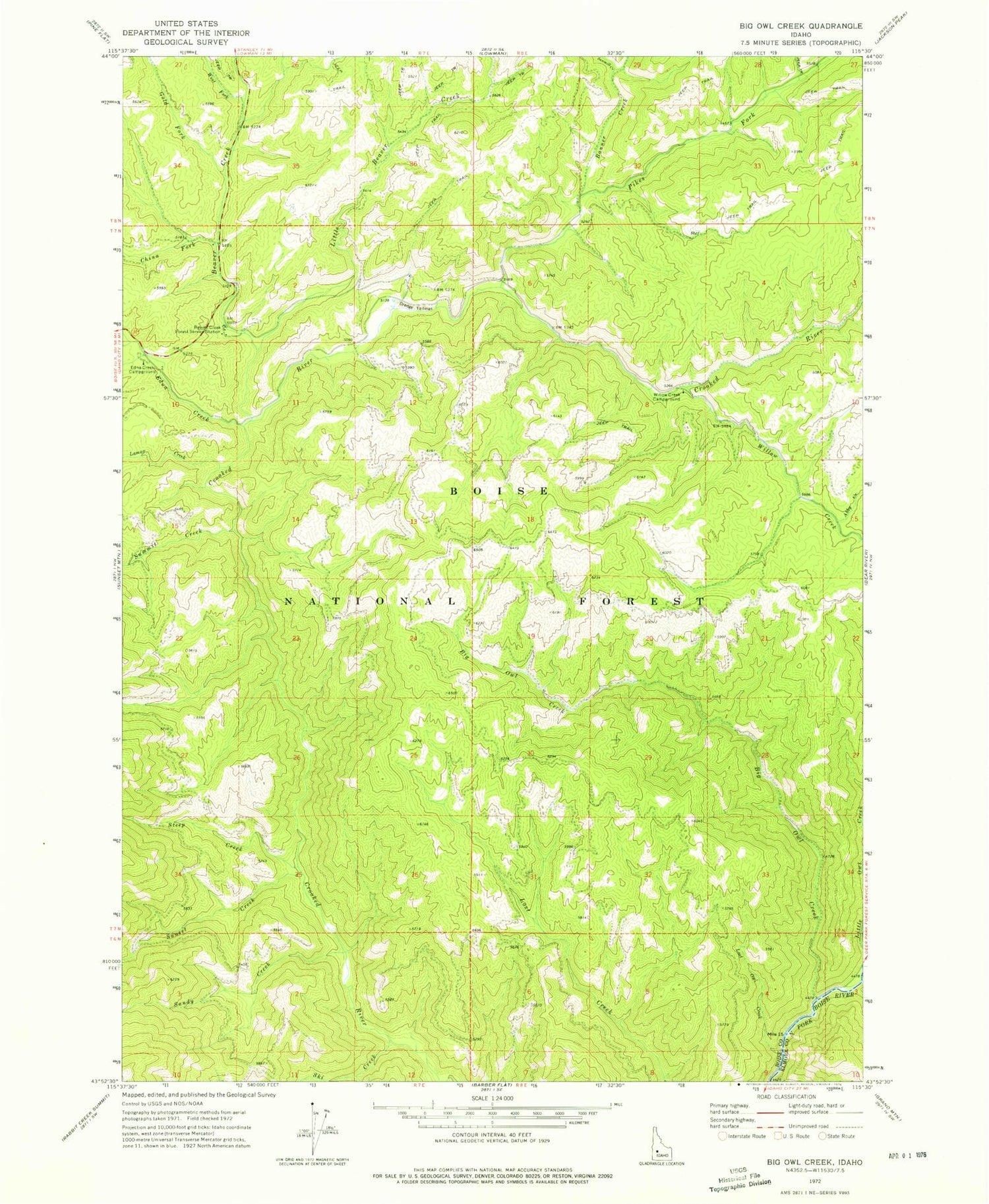 Classic USGS Big Owl Creek Idaho 7.5'x7.5' Topo Map Image