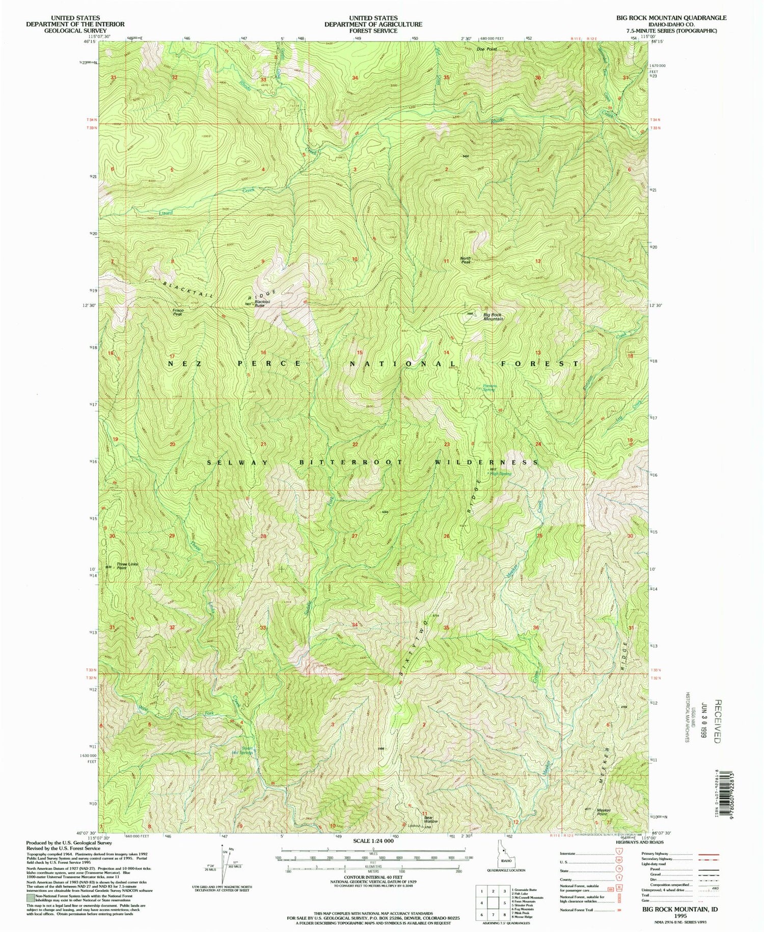 Classic USGS Big Rock Mountain Idaho 7.5'x7.5' Topo Map Image
