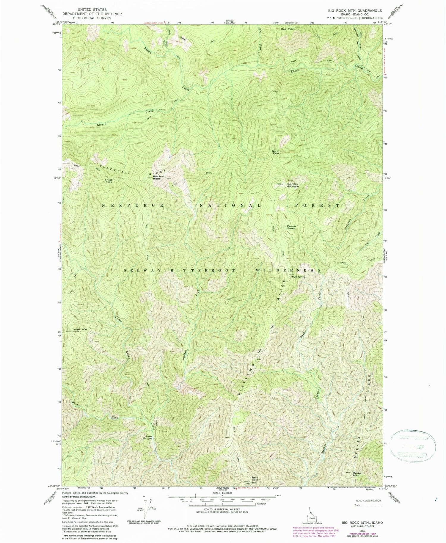 Classic USGS Big Rock Mountain Idaho 7.5'x7.5' Topo Map Image