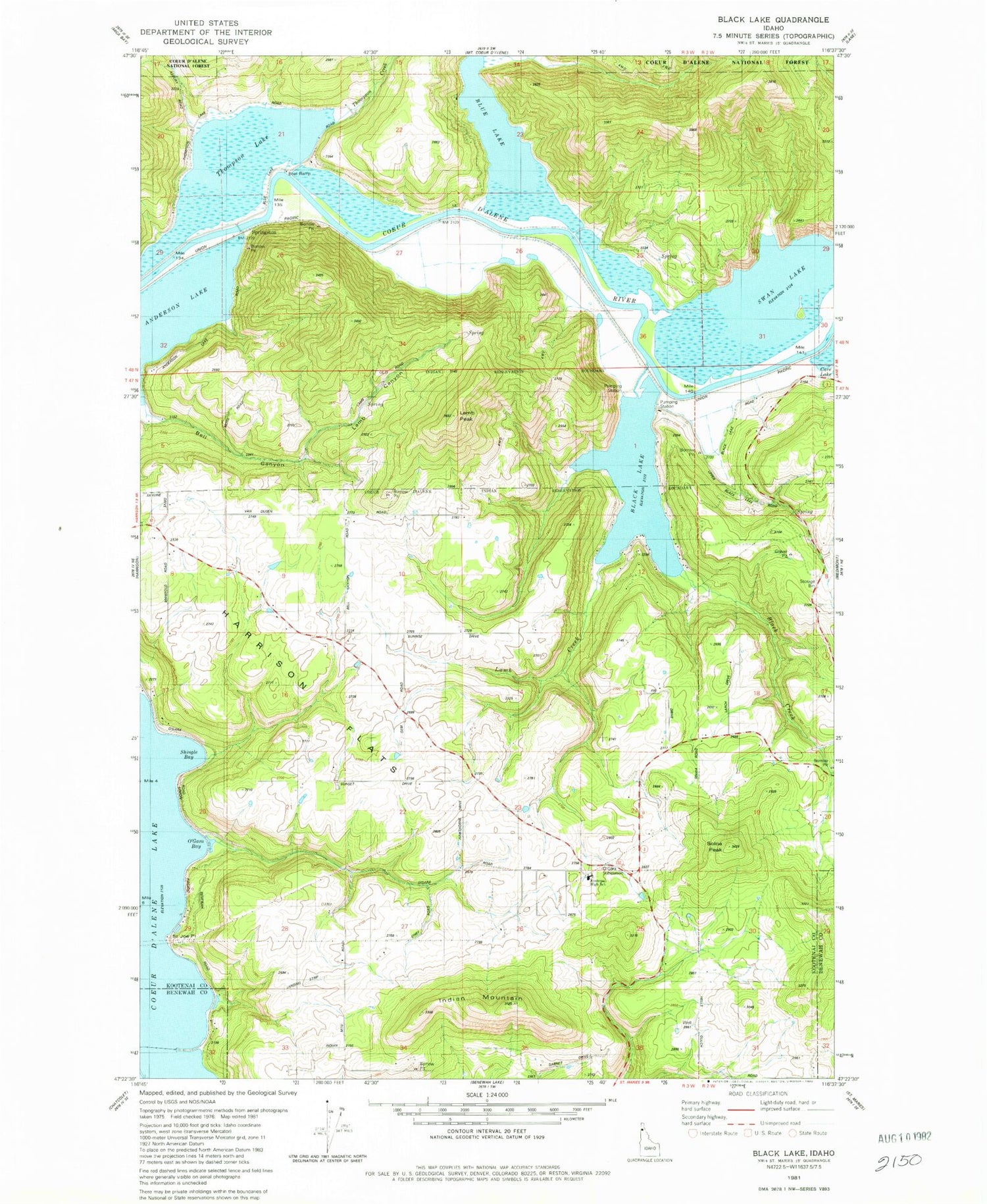 Classic USGS Black Lake Idaho 7.5'x7.5' Topo Map Image