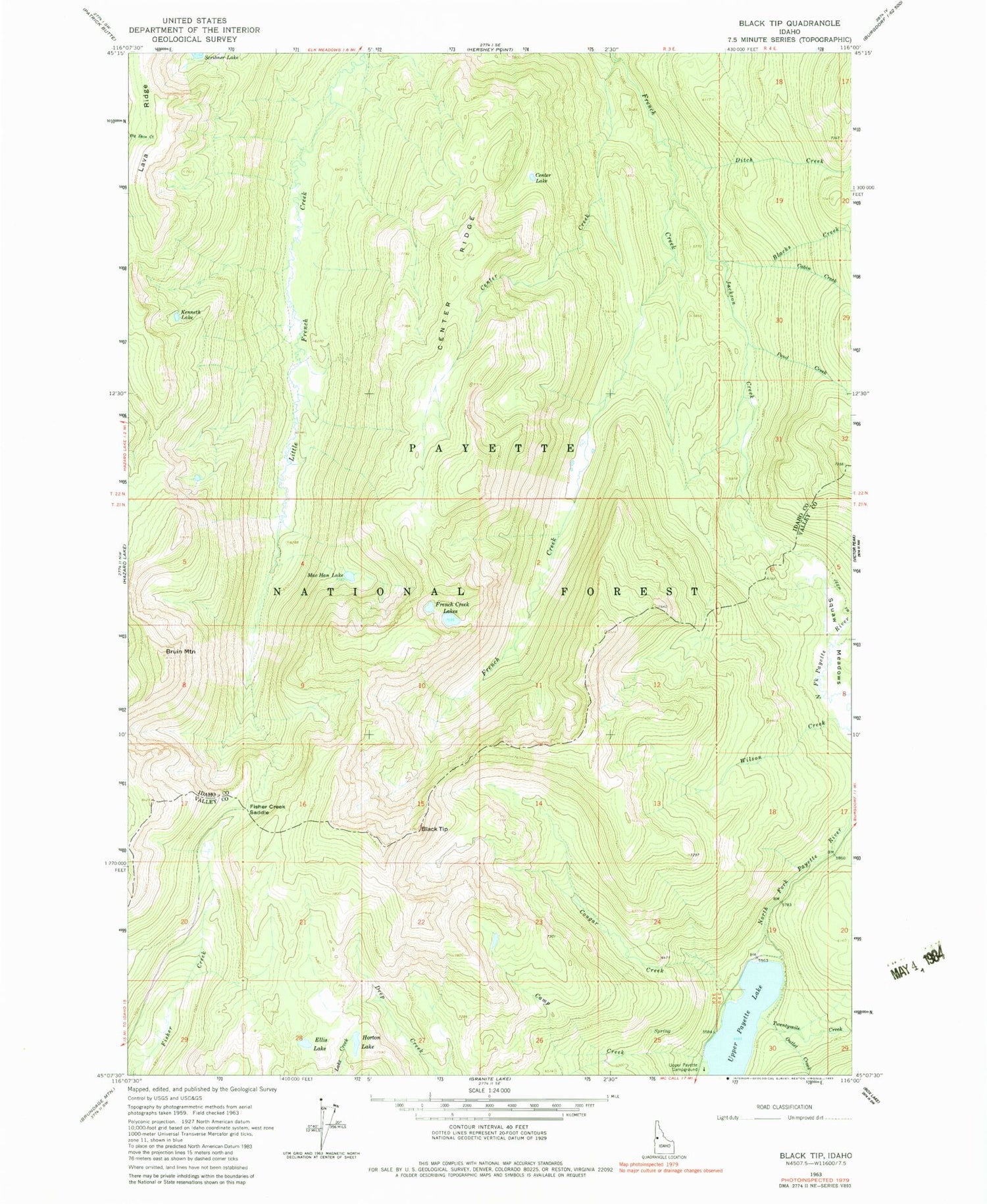 Classic USGS Black Tip Idaho 7.5'x7.5' Topo Map Image