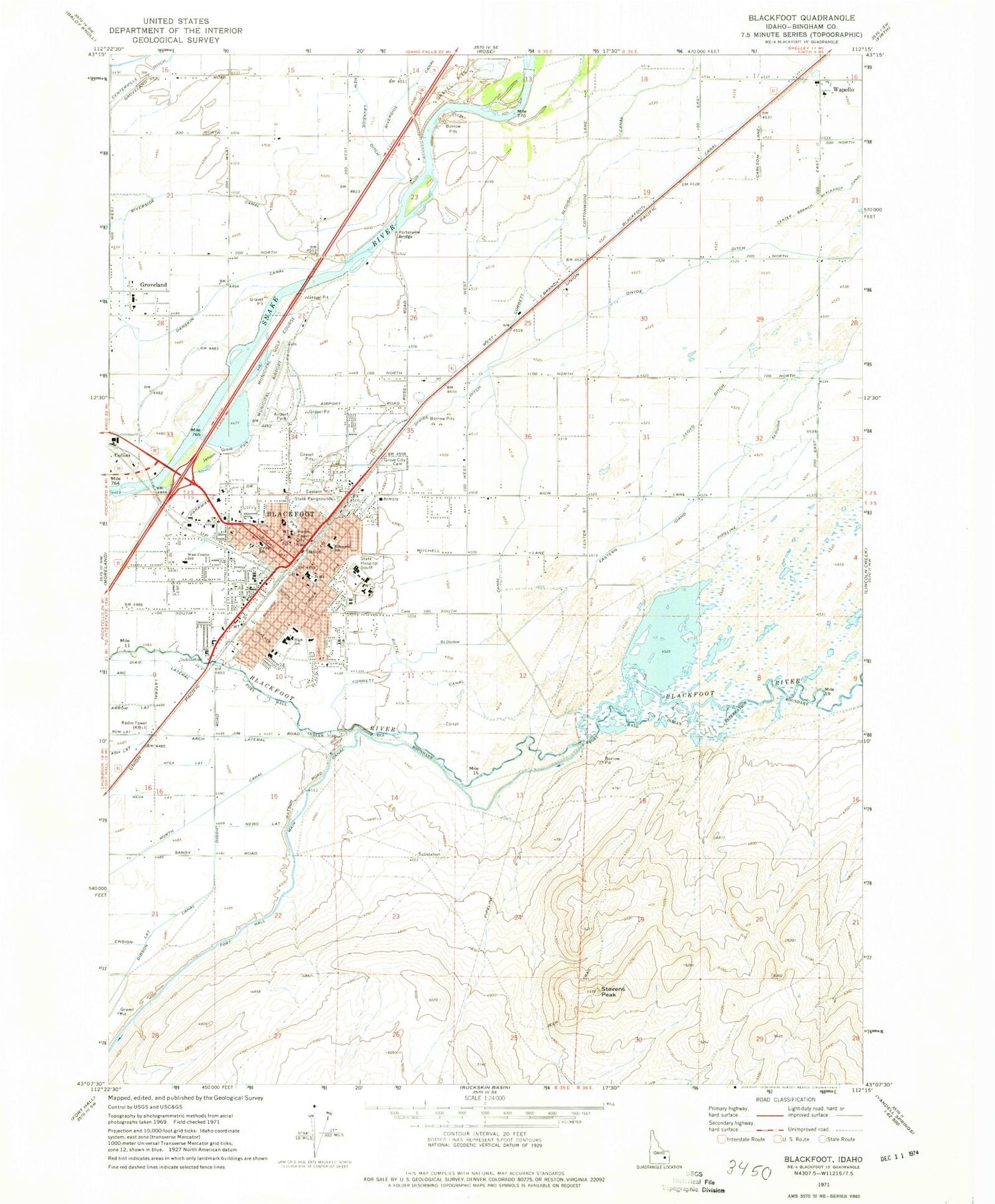 Classic USGS Blackfoot Idaho 7.5'x7.5' Topo Map Image