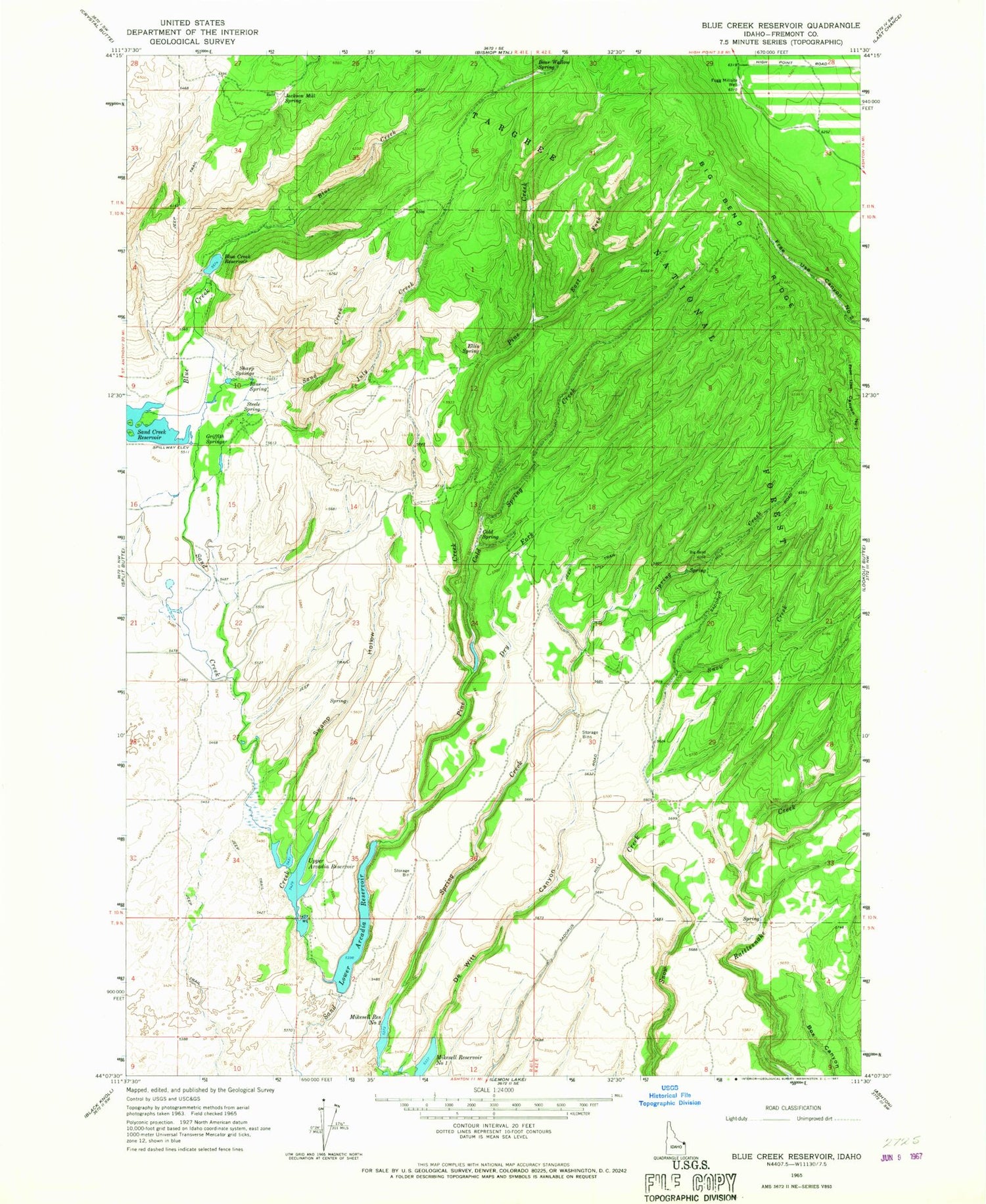 Classic USGS Blue Creek Reservoir Idaho 7.5'x7.5' Topo Map Image