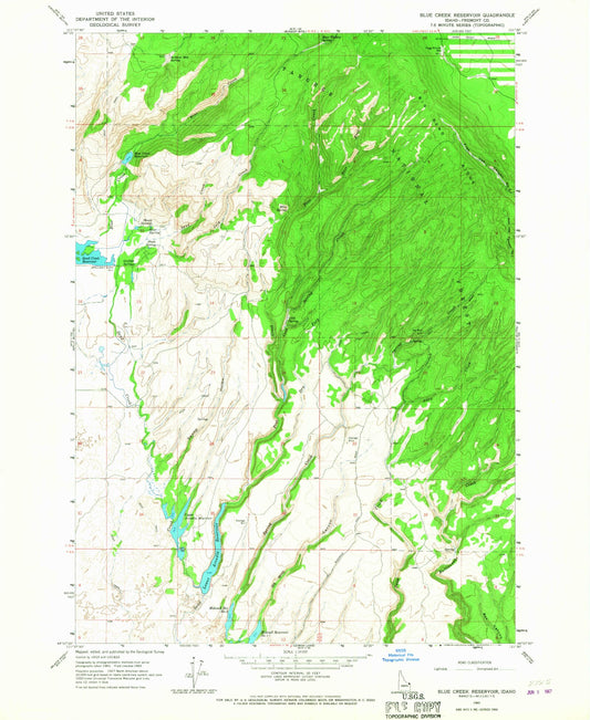 Classic USGS Blue Creek Reservoir Idaho 7.5'x7.5' Topo Map Image