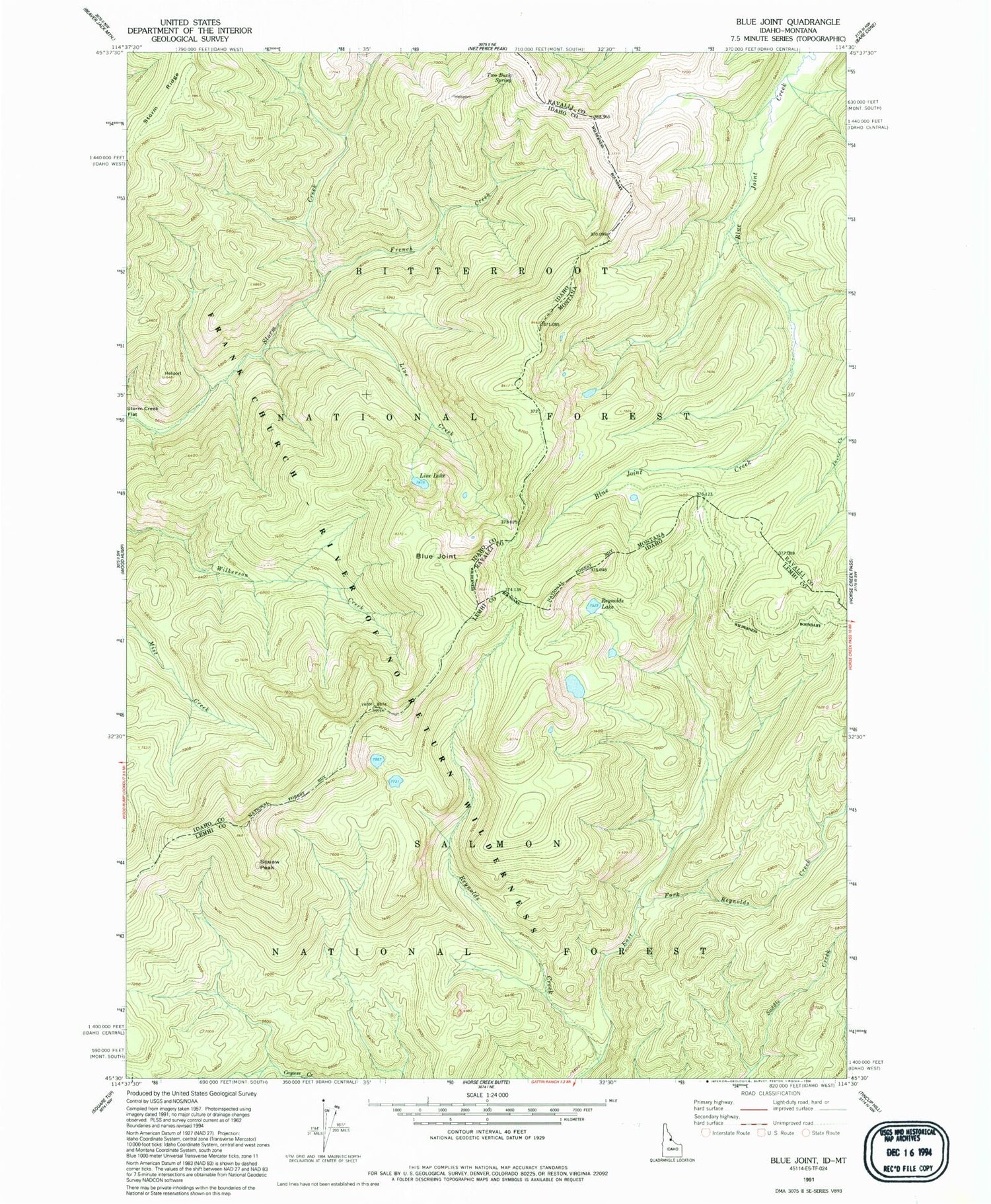 Classic USGS Blue Joint Idaho 7.5'x7.5' Topo Map Image