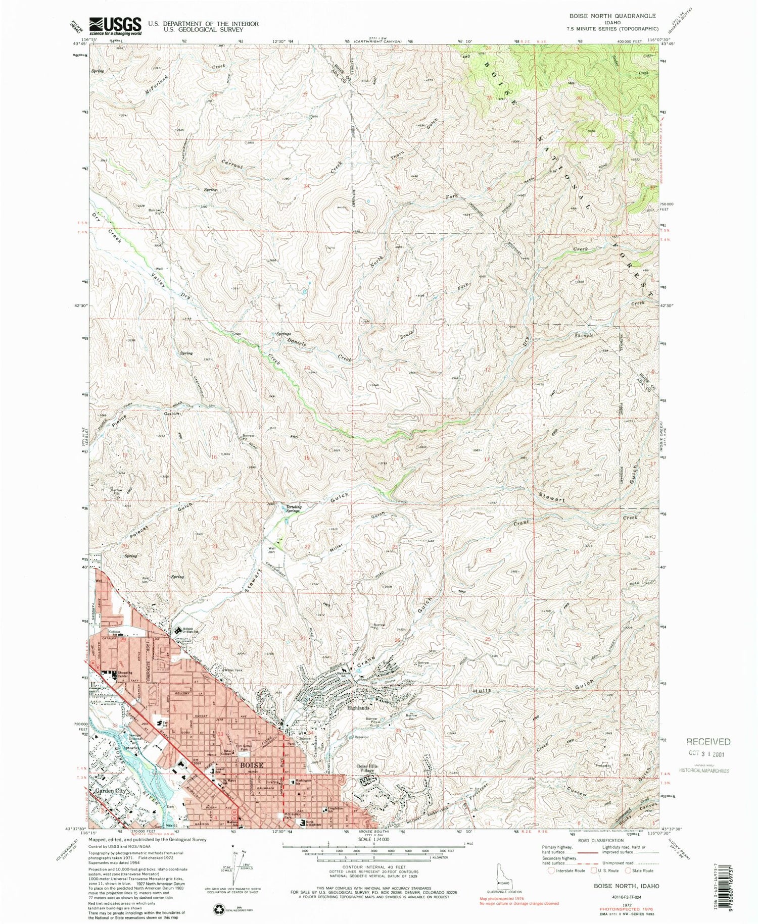 Classic USGS Boise North Idaho 7.5'x7.5' Topo Map Image
