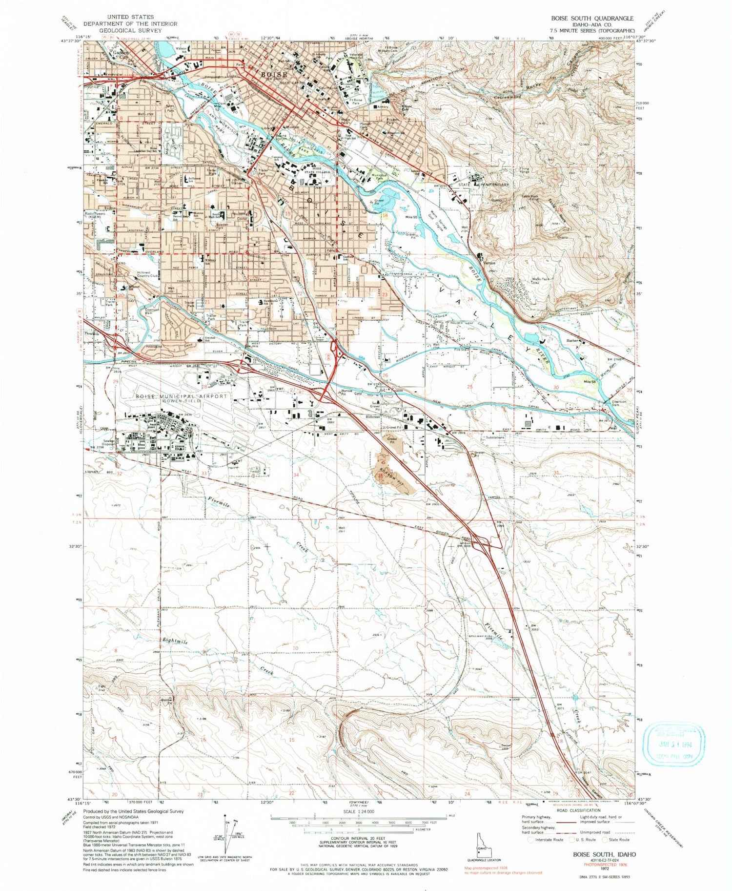 Classic USGS Boise South Idaho 7.5'x7.5' Topo Map Image