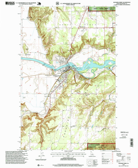 Classic USGS Bonners Ferry Idaho 7.5'x7.5' Topo Map Image