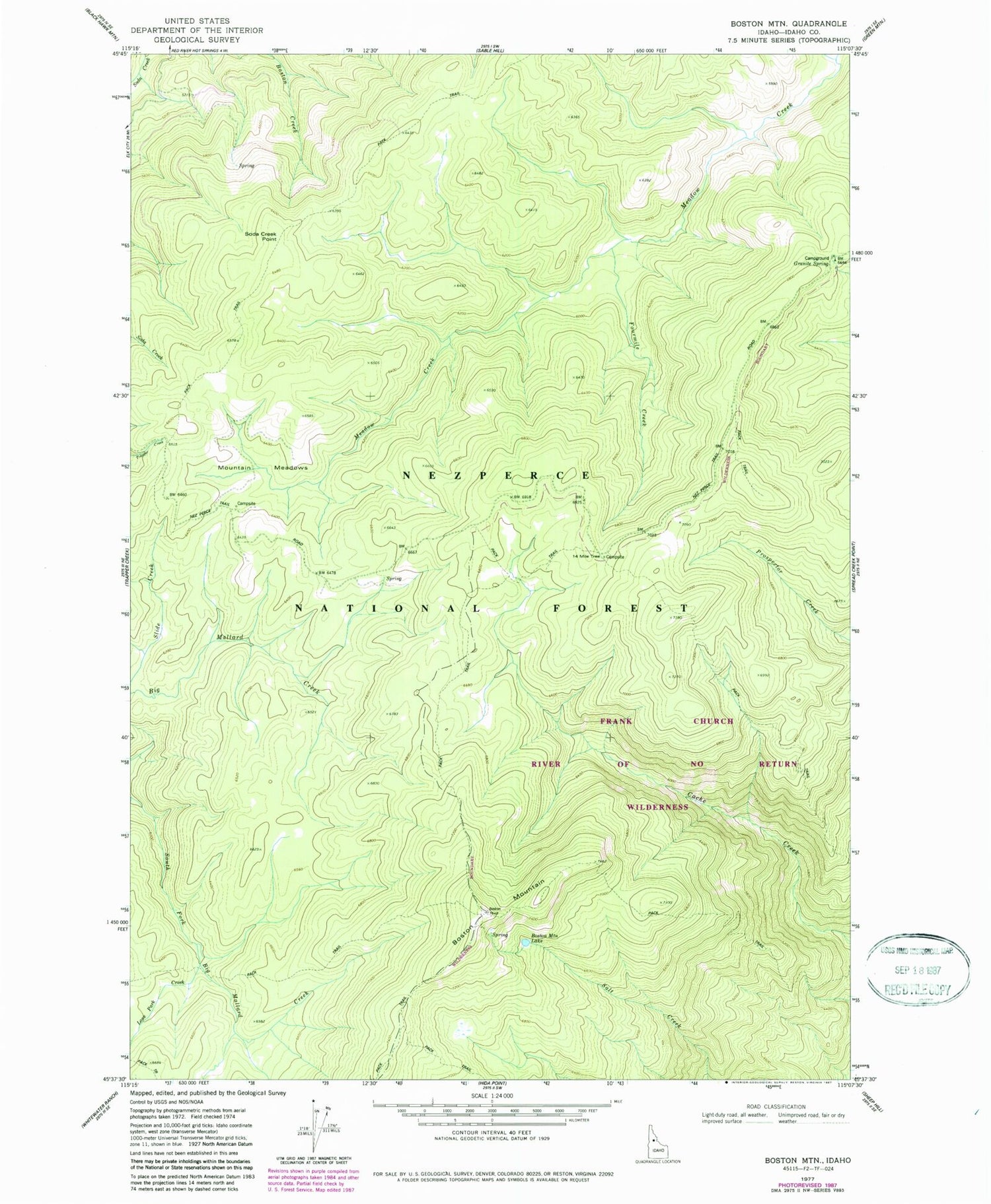 Classic USGS Boston Mountain Idaho 7.5'x7.5' Topo Map Image