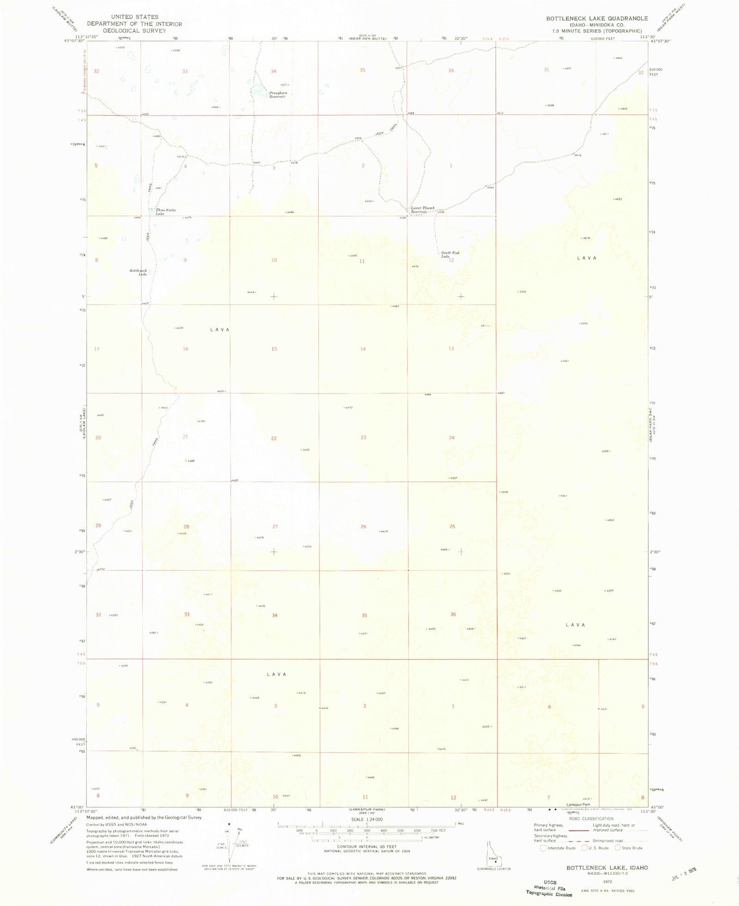 Classic USGS Bottleneck Lake Idaho 7.5'x7.5' Topo Map Image