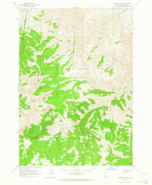 Classic USGS Bowery Peak Idaho 7.5'x7.5' Topo Map Image