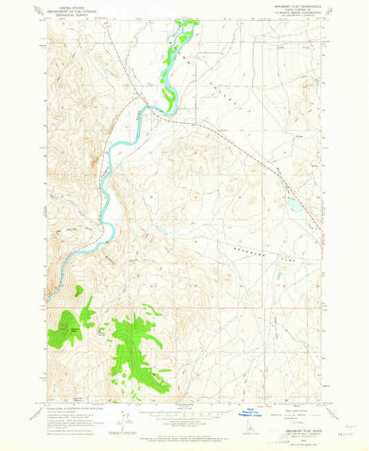 Classic USGS Bradbury Flat Idaho 7.5'x7.5' Topo Map Image