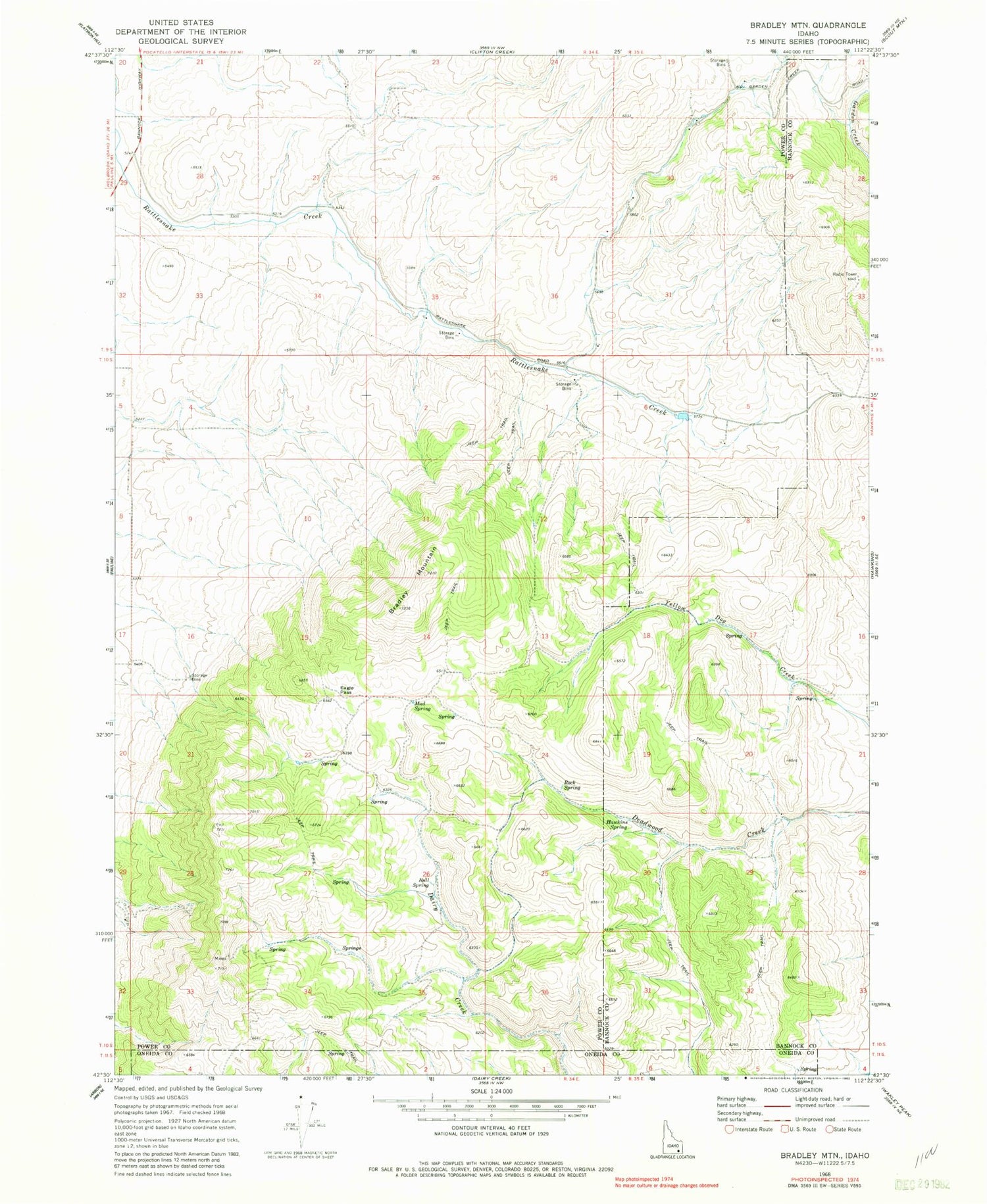 Classic USGS Bradley Mountain Idaho 7.5'x7.5' Topo Map Image