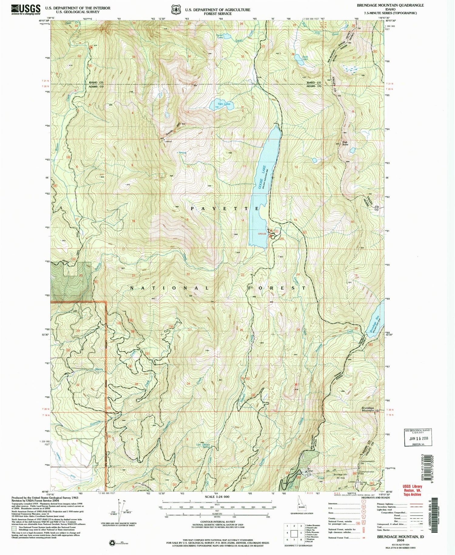 Classic USGS Brundage Mountain Idaho 7.5'x7.5' Topo Map Image