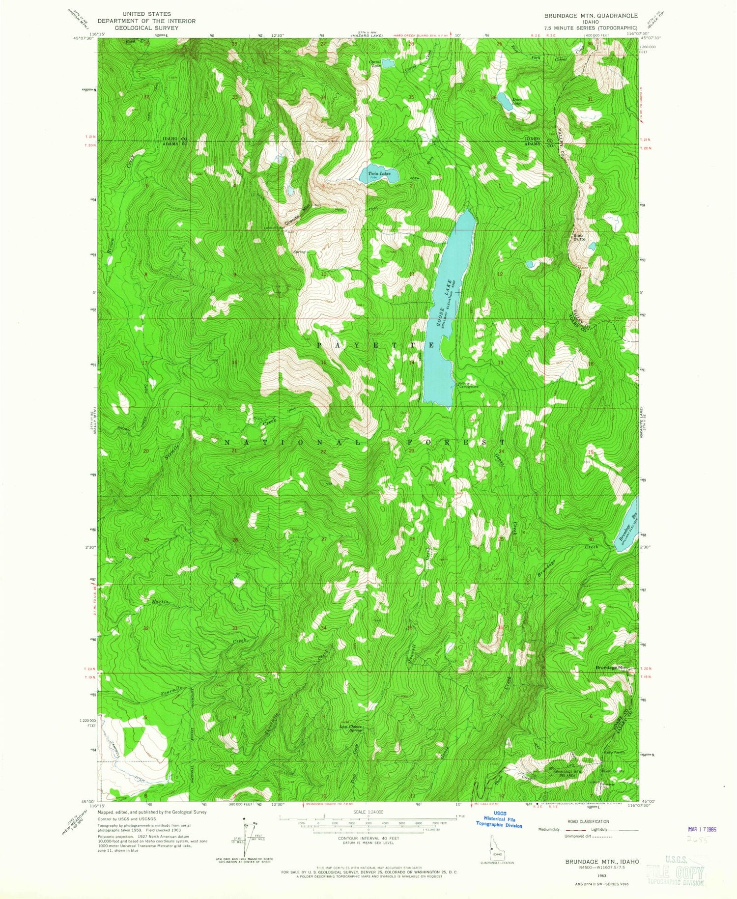 Classic USGS Brundage Mountain Idaho 7.5'x7.5' Topo Map Image