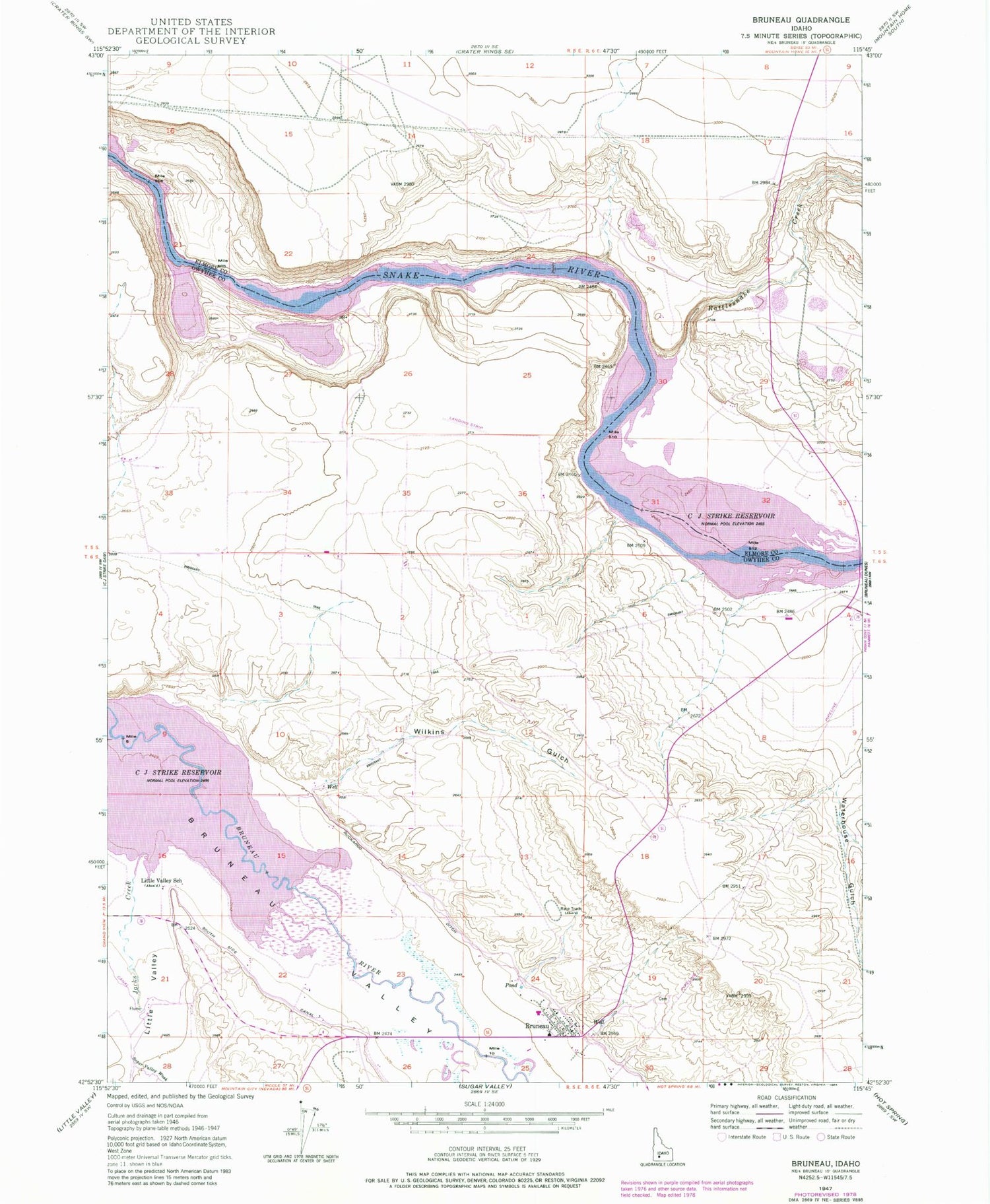 Classic USGS Bruneau Idaho 7.5'x7.5' Topo Map Image
