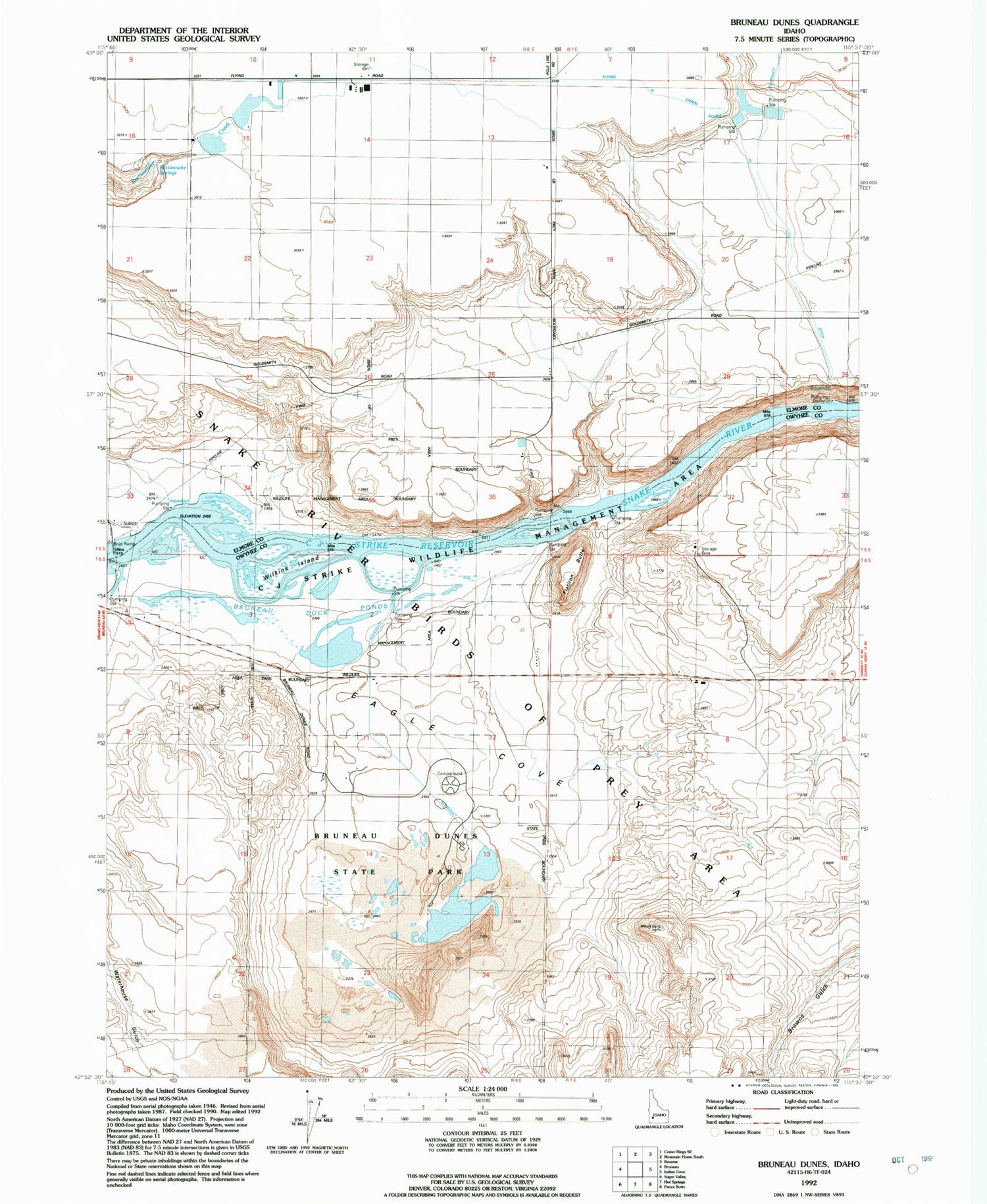Classic USGS Bruneau Dunes Idaho 7.5'x7.5' Topo Map Image