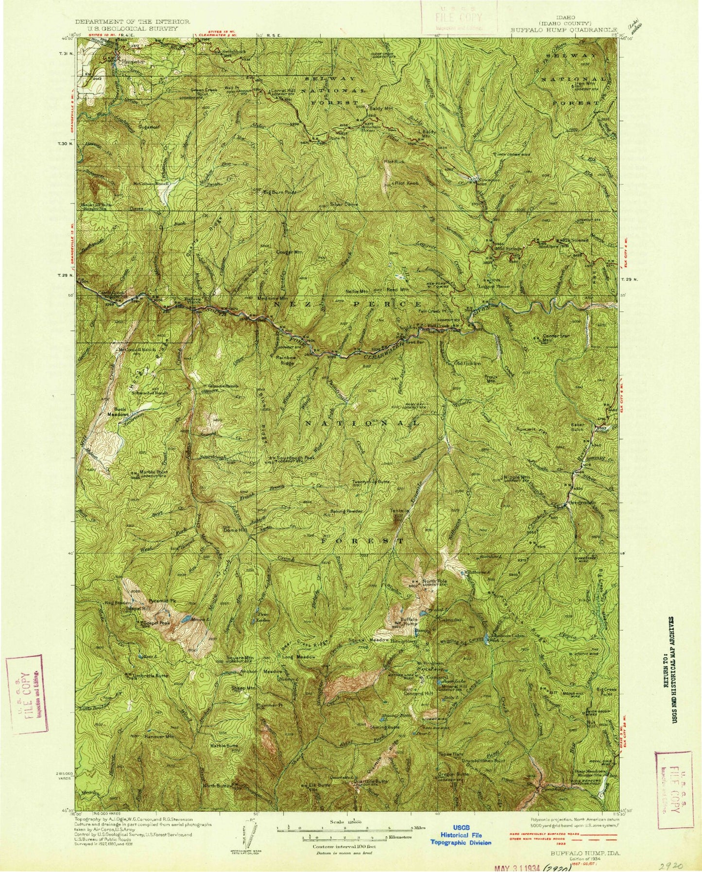 Historic 1934 Buffalo Hump Idaho 30'x30' Topo Map Image