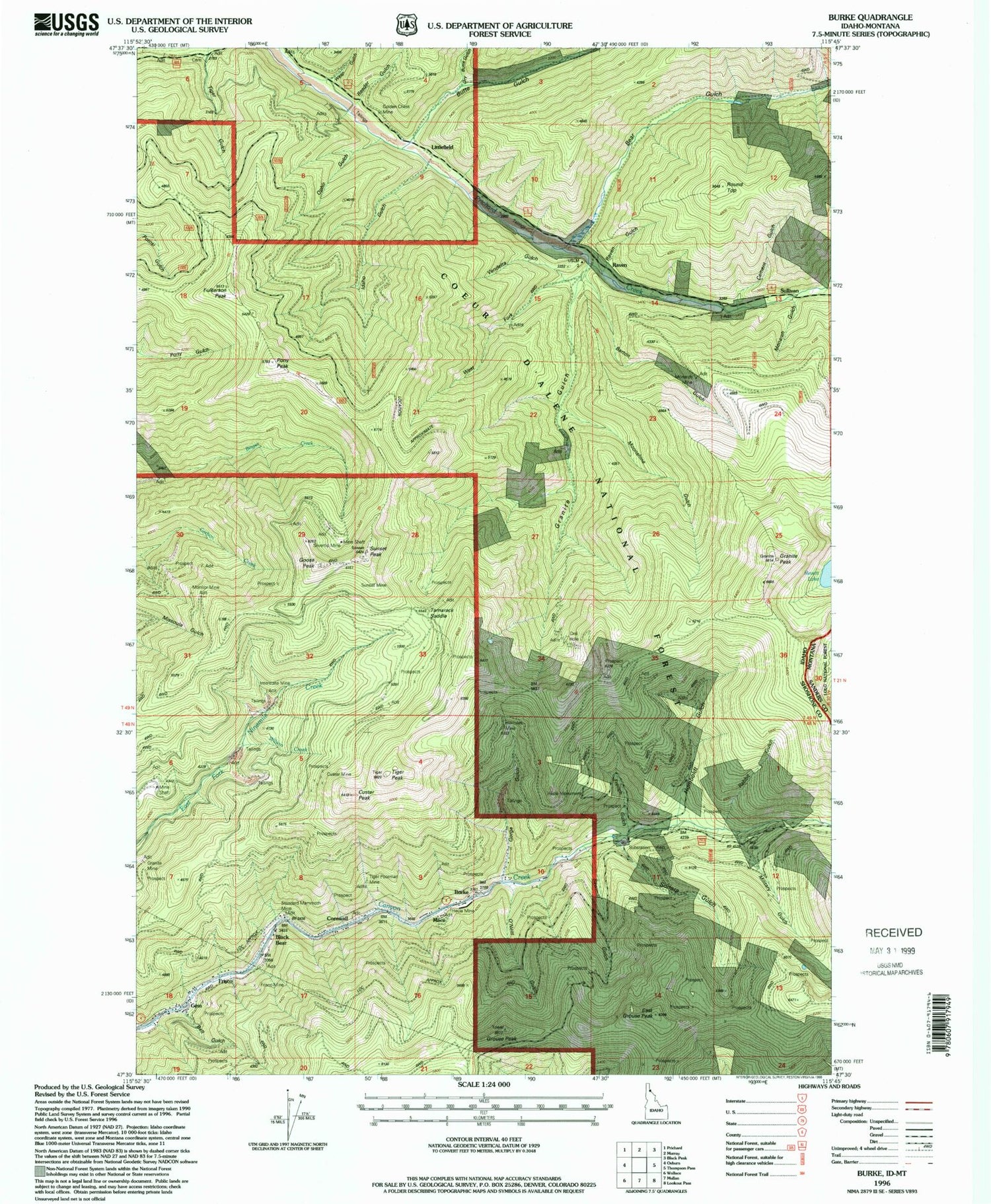 Classic USGS Burke Idaho 7.5'x7.5' Topo Map Image