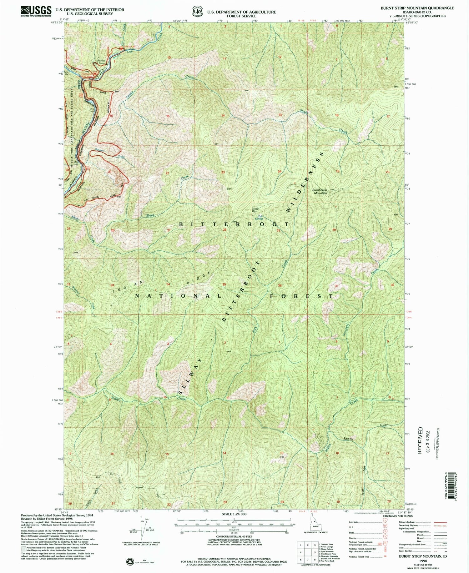 Classic USGS Burnt Strip Mountain Idaho 7.5'x7.5' Topo Map Image