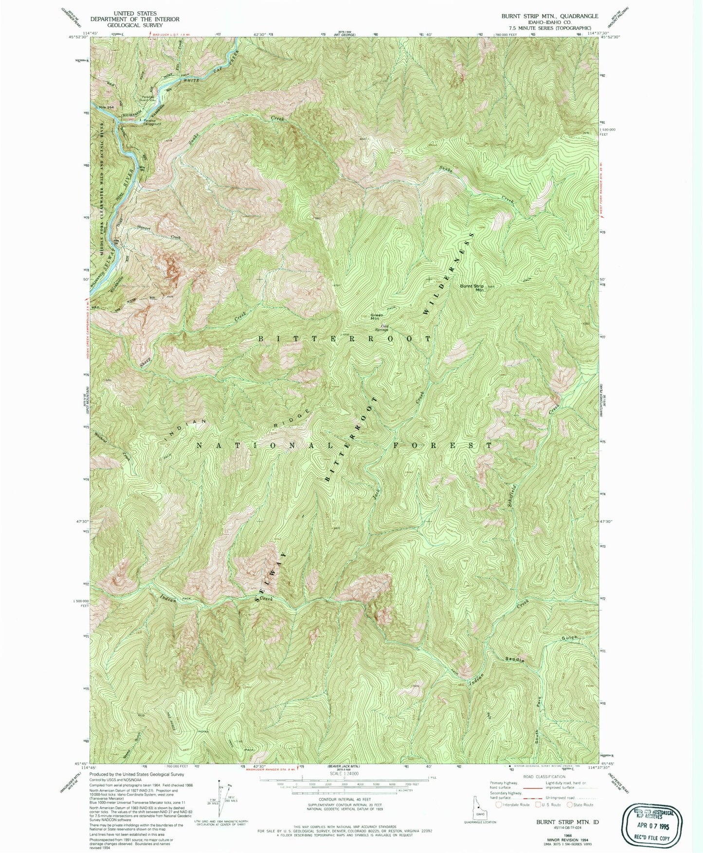 Classic USGS Burnt Strip Mountain Idaho 7.5'x7.5' Topo Map Image
