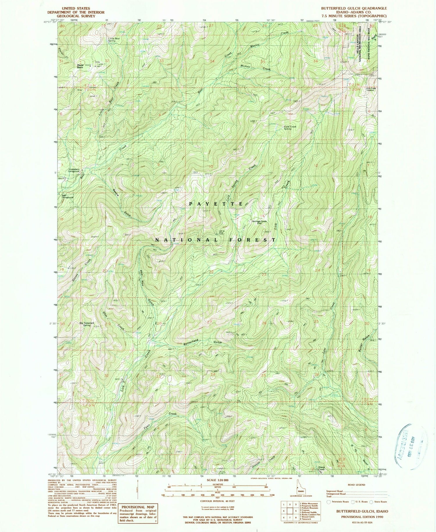Classic USGS Butterfield Gulch Idaho 7.5'x7.5' Topo Map Image