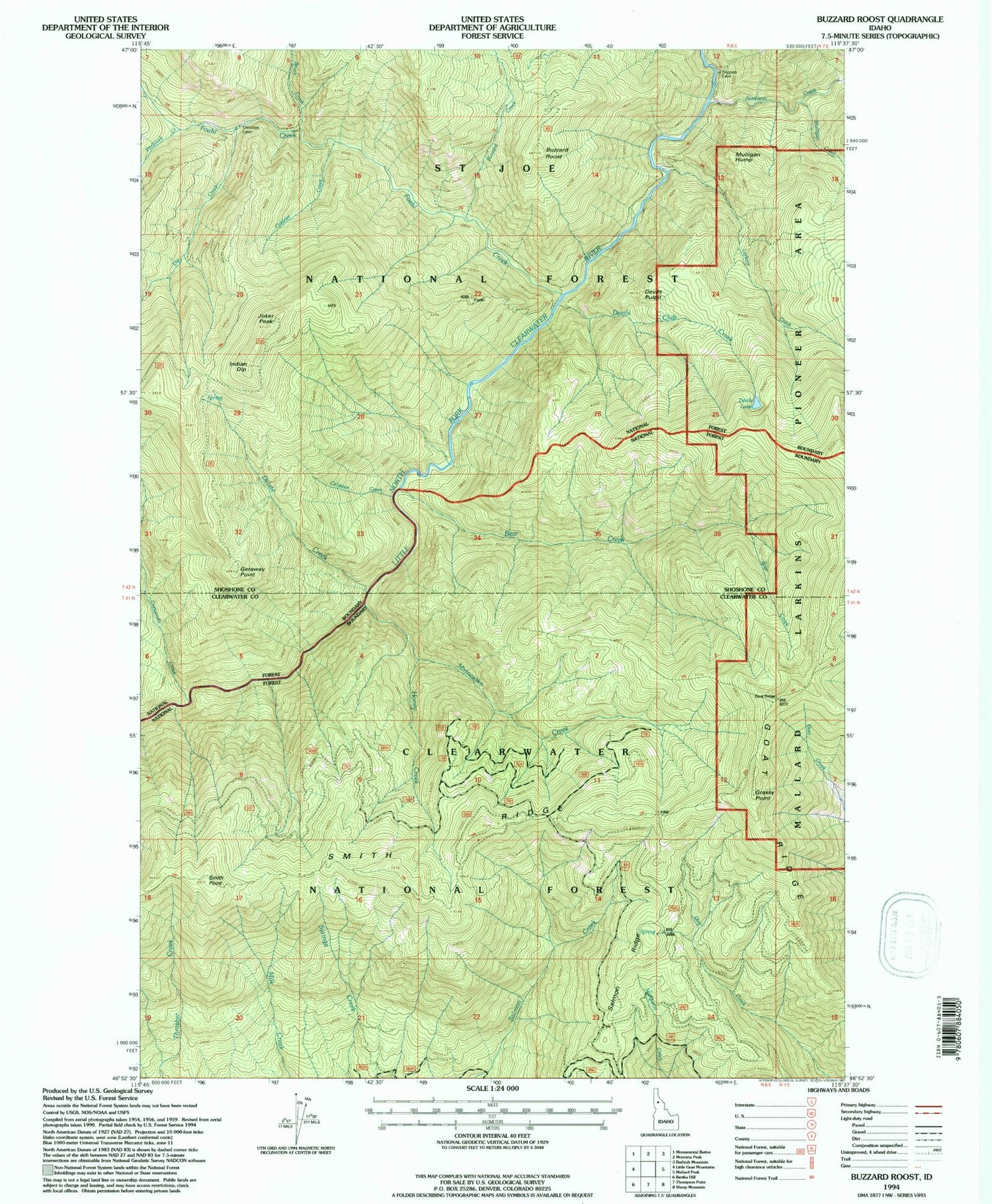Classic USGS Buzzard Roost Idaho 7.5'x7.5' Topo Map Image