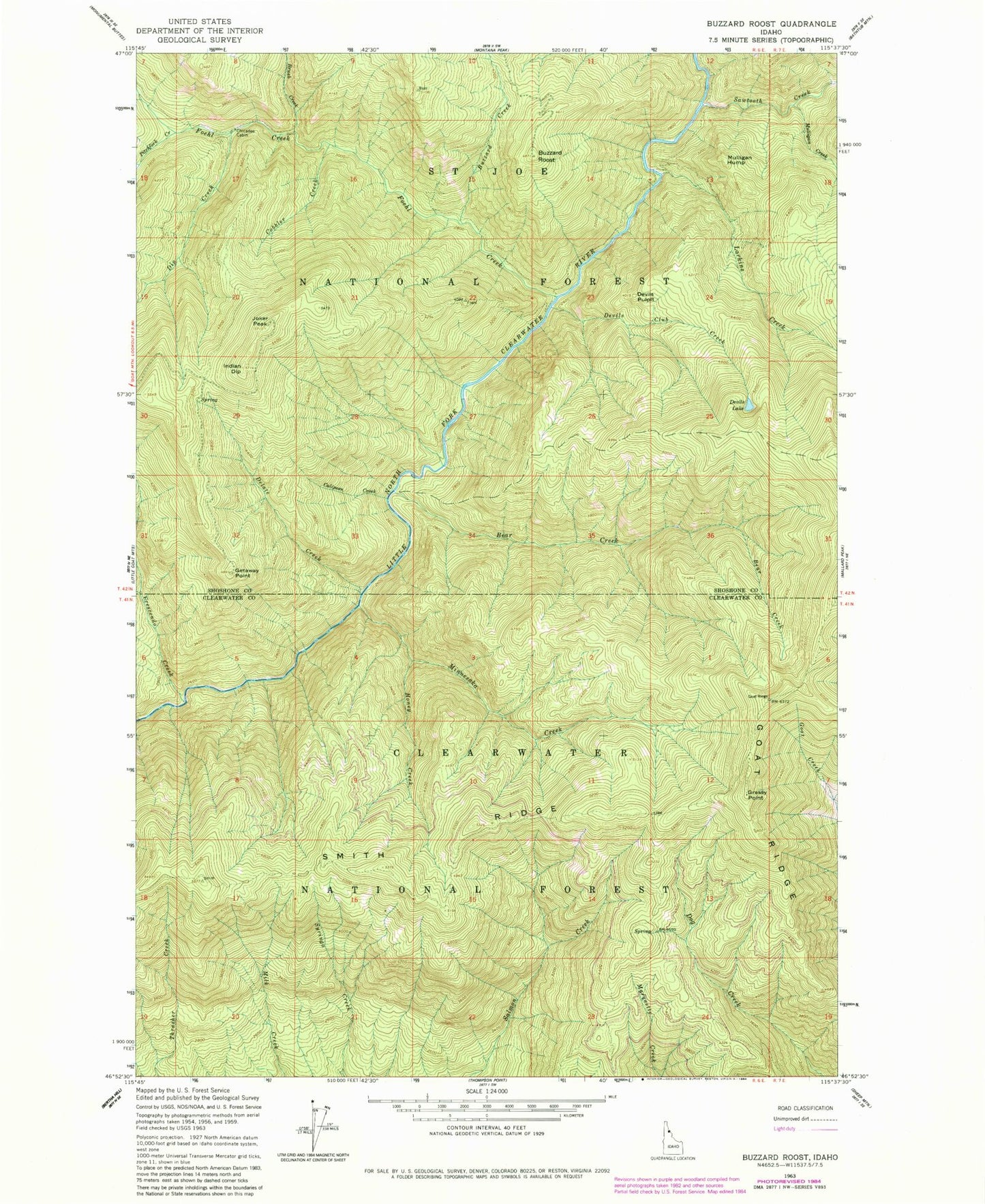 Classic USGS Buzzard Roost Idaho 7.5'x7.5' Topo Map Image