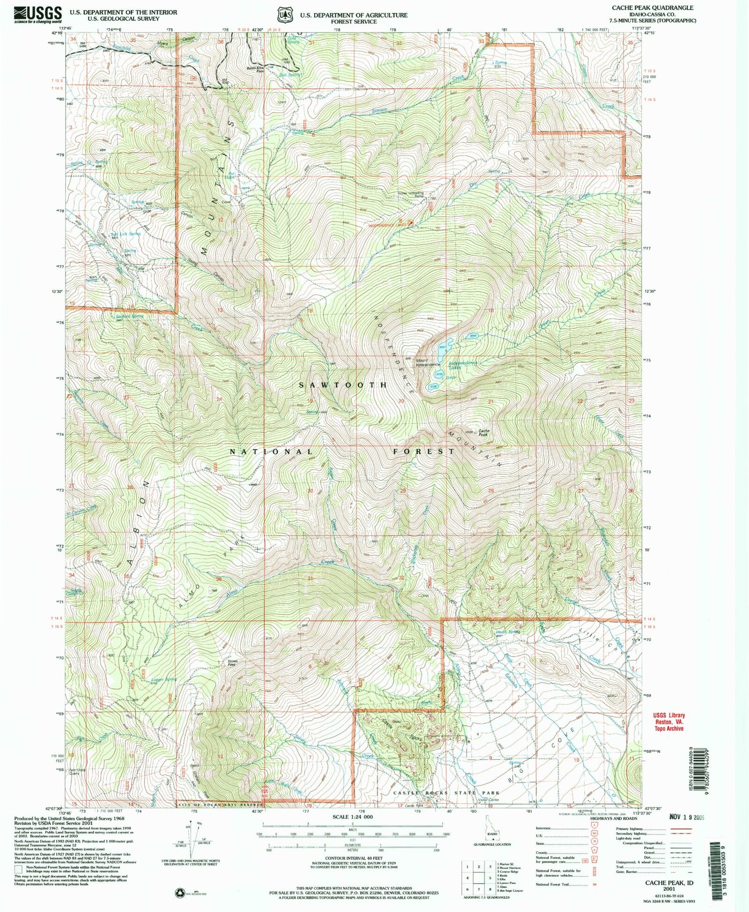 Classic USGS Cache Peak Idaho 7.5'x7.5' Topo Map Image