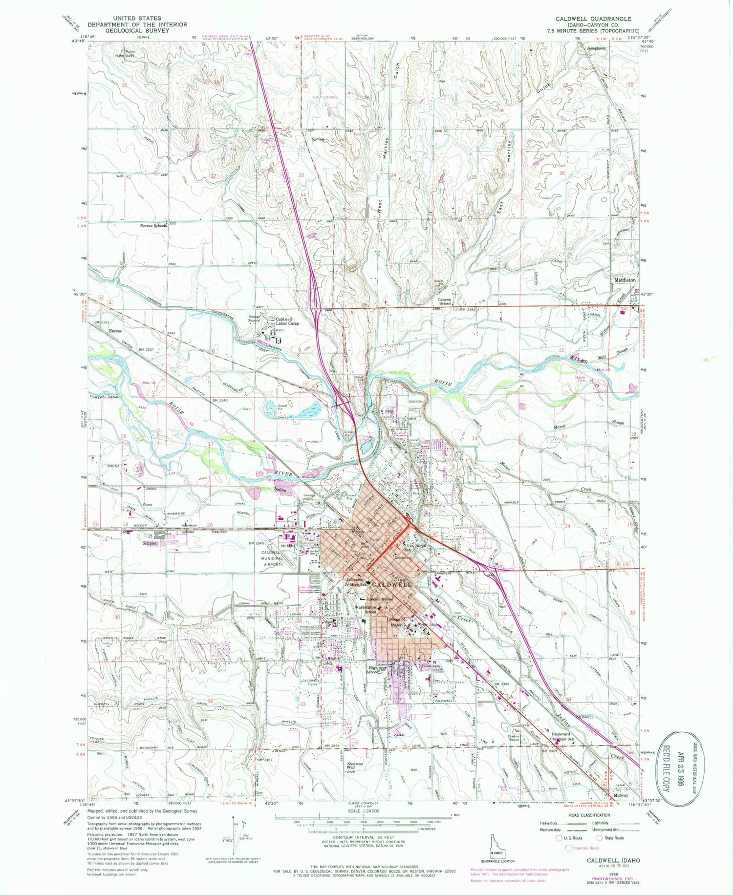 Classic USGS Caldwell Idaho 7.5'x7.5' Topo Map Image