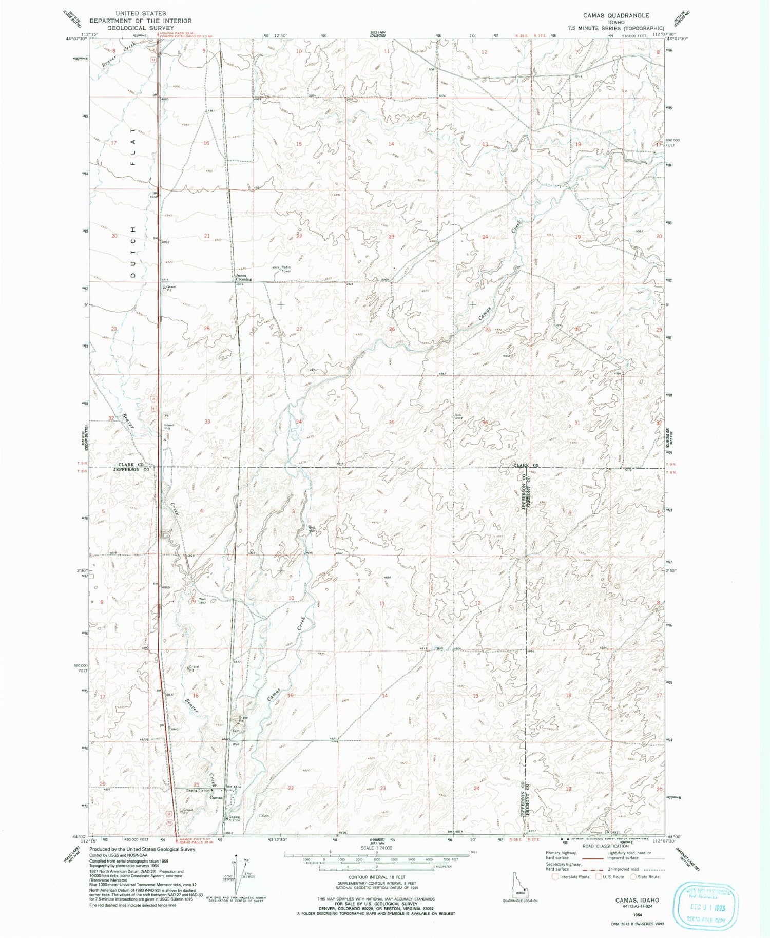Classic USGS Camas Idaho 7.5'x7.5' Topo Map Image