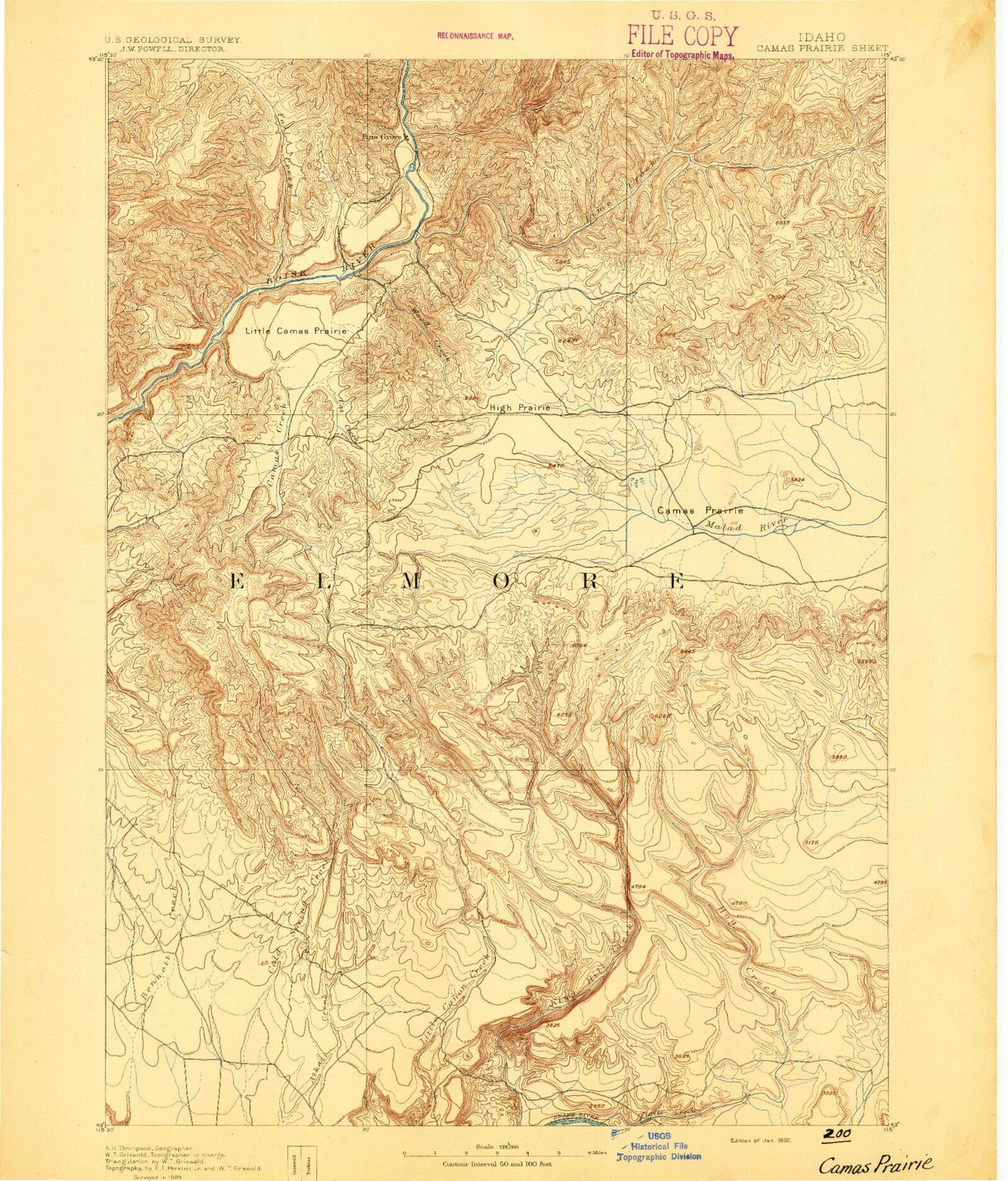 Historic 1892 Camas Prairie Idaho 30'x30' Topo Map Image