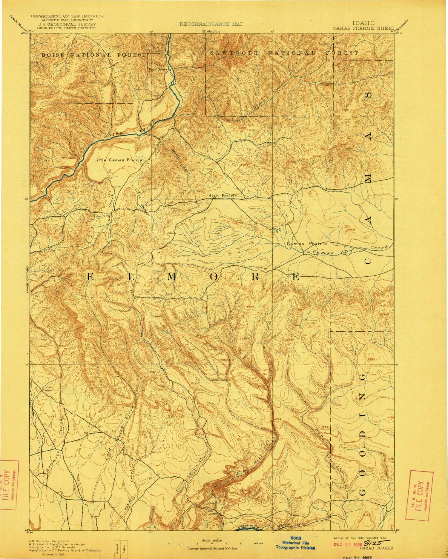 Historic 1893 Camas Prairie Idaho 30'x30' Topo Map Image