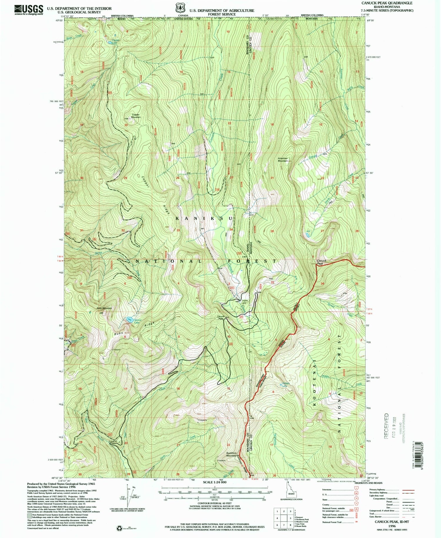 Classic USGS Canuck Peak Montana 7.5'x7.5' Topo Map Image