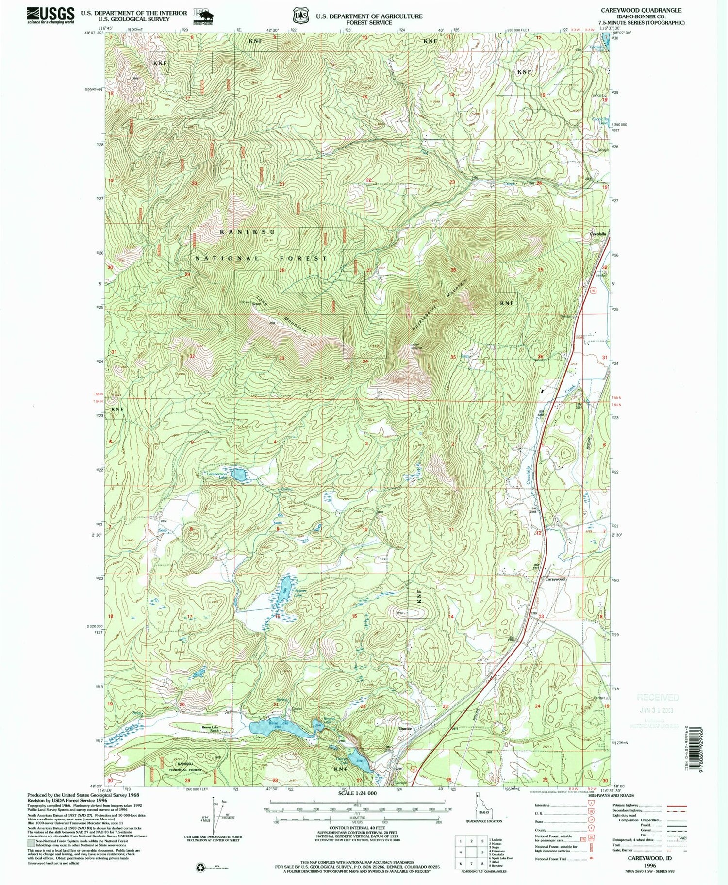 Classic USGS Careywood Idaho 7.5'x7.5' Topo Map Image