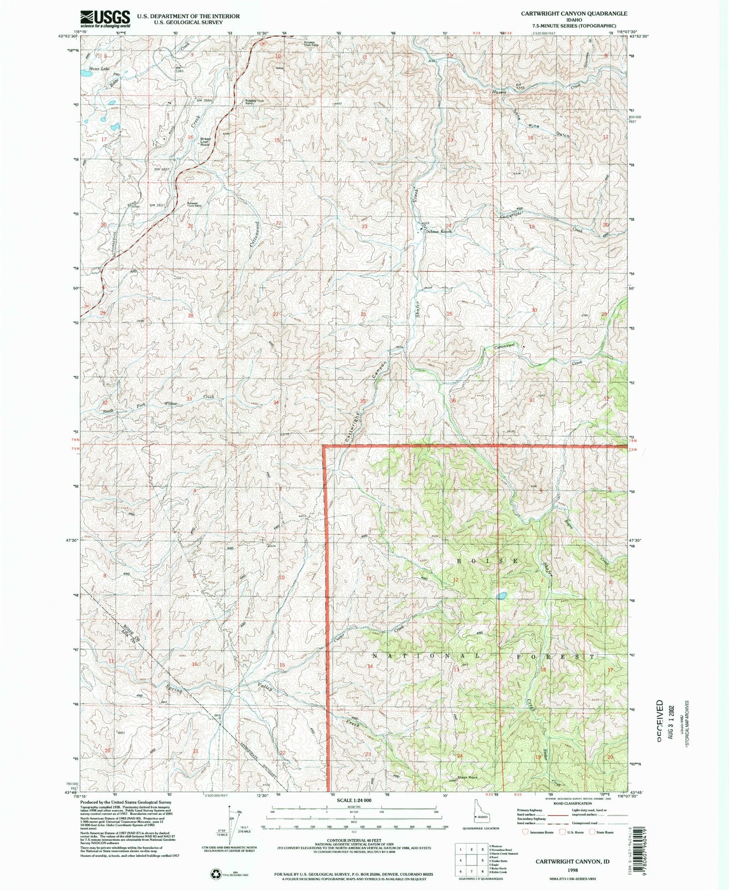 Classic USGS Cartwright Canyon Idaho 7.5'x7.5' Topo Map Image