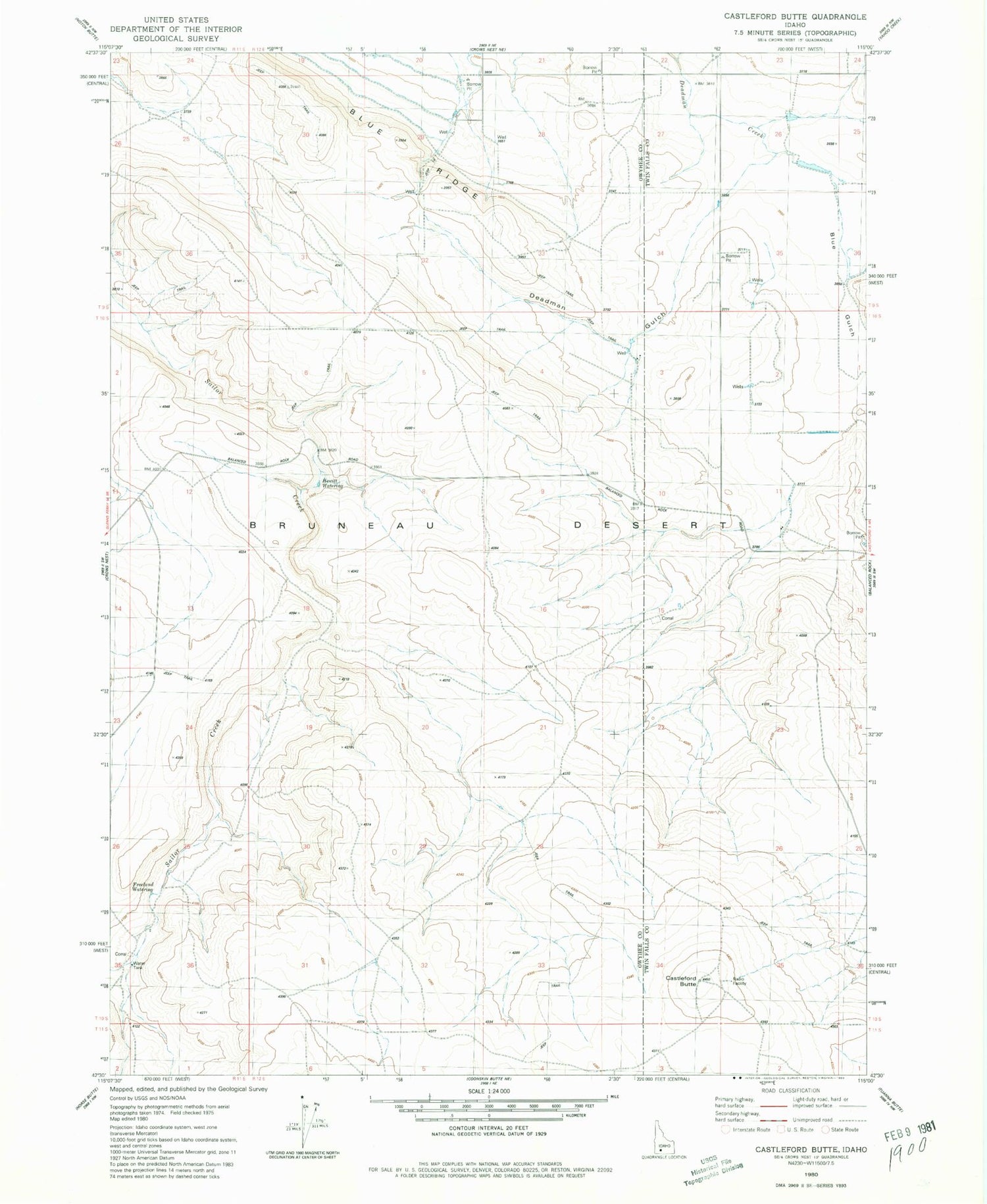 Classic USGS Castleford Butte Idaho 7.5'x7.5' Topo Map Image