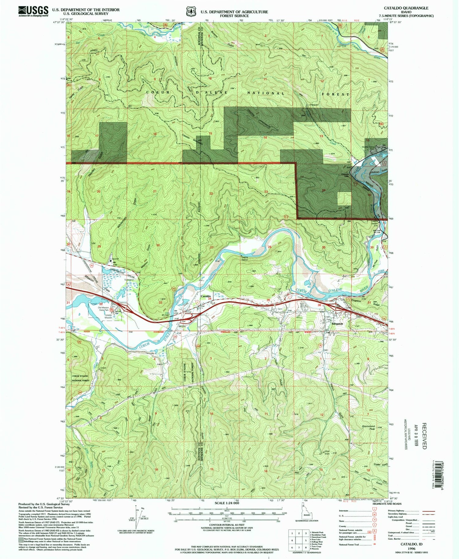 Classic USGS Cataldo Idaho 7.5'x7.5' Topo Map Image