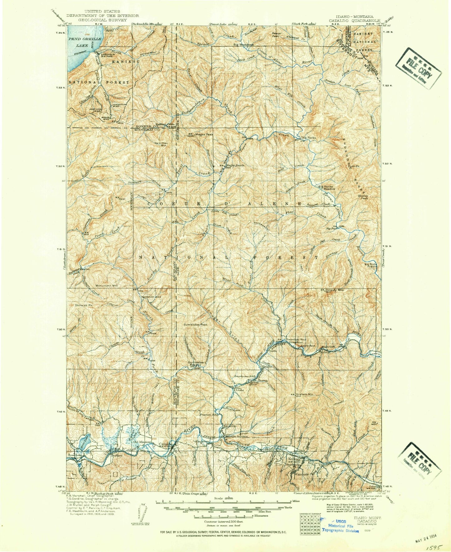Historic 1909 Cataldo Idaho 30'x30' Topo Map Image