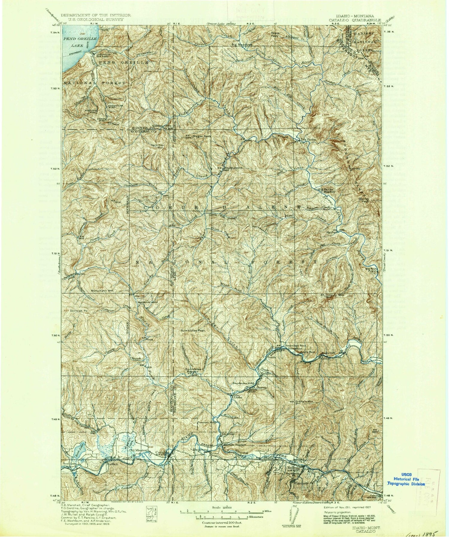 Historic 1911 Cataldo Idaho 30'x30' Topo Map Image