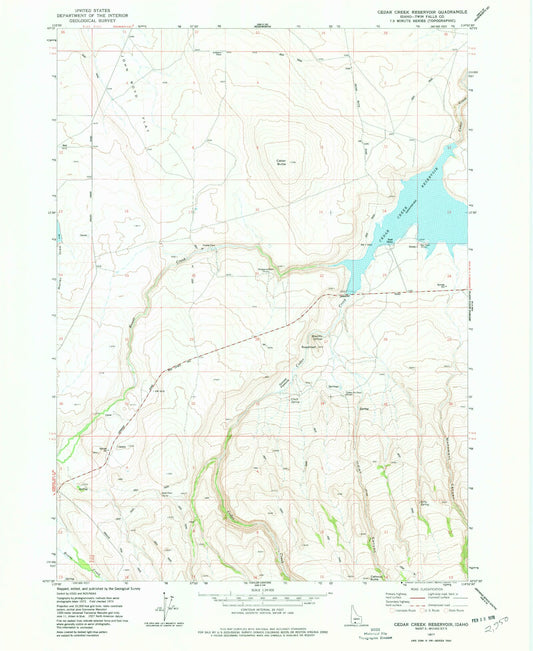 Classic USGS Cedar Creek Reservoir Idaho 7.5'x7.5' Topo Map Image