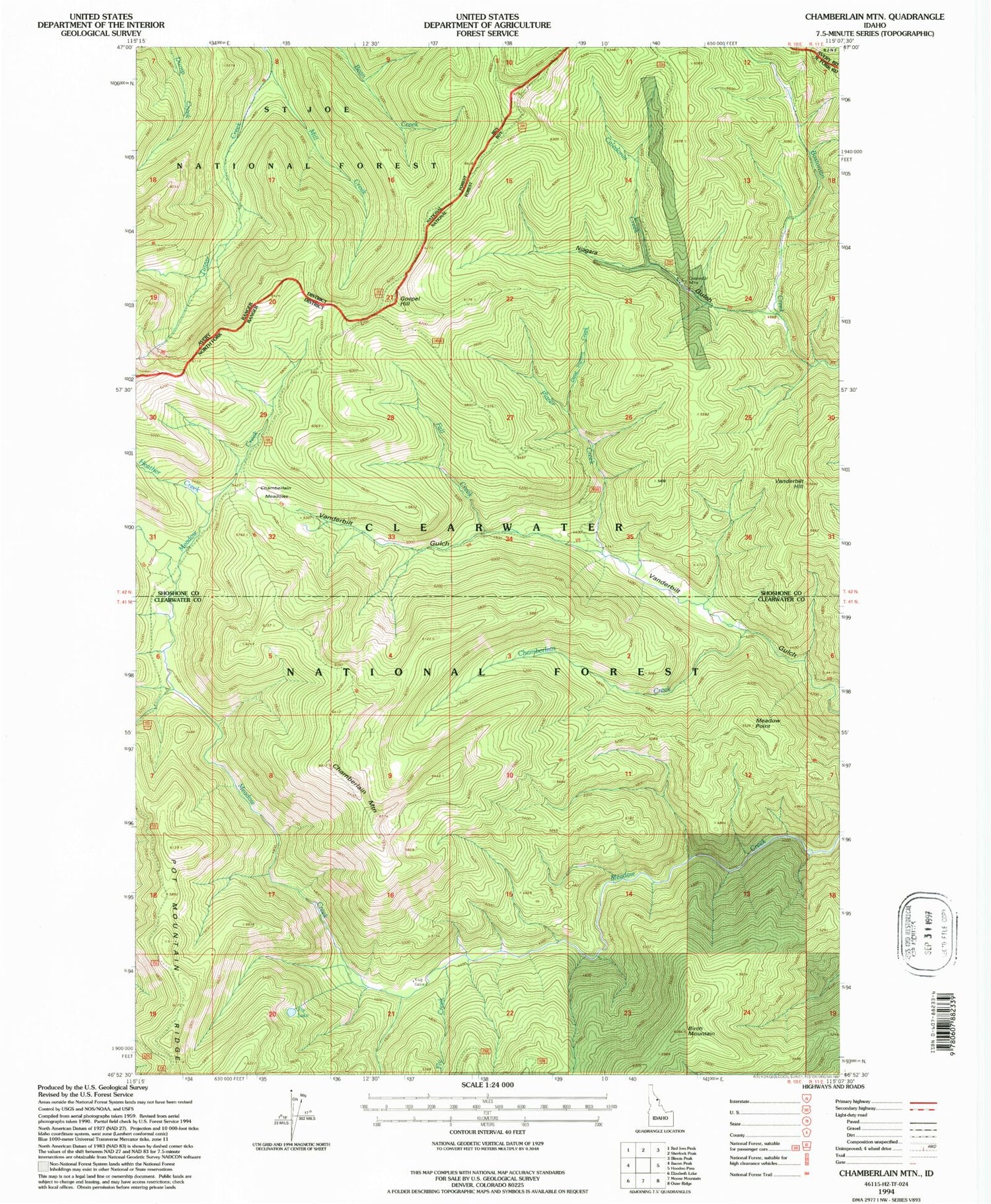 Classic USGS Chamberlain Mountain Idaho 7.5'x7.5' Topo Map Image