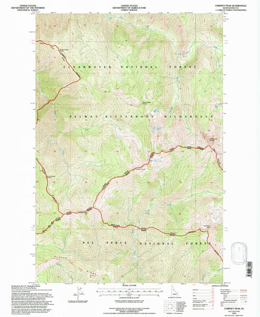 Classic USGS Chimney Peak Idaho 7.5'x7.5' Topo Map Image